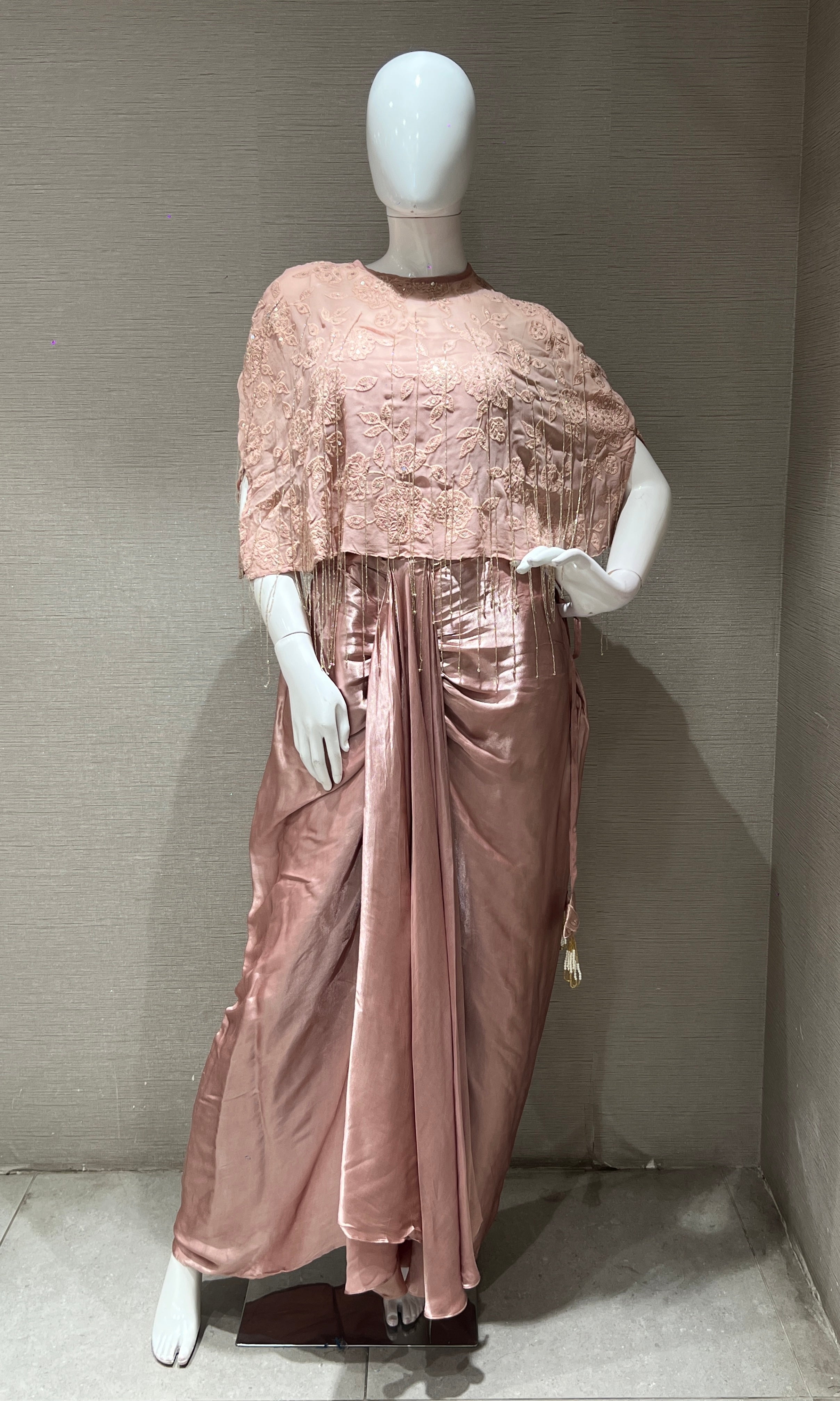 Blush Pink Cape with Draped Satin Dhoti Skirt Indo western