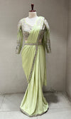 GREEN DRAPE SAREE WITH FLORAL BLOUSE & BELT
