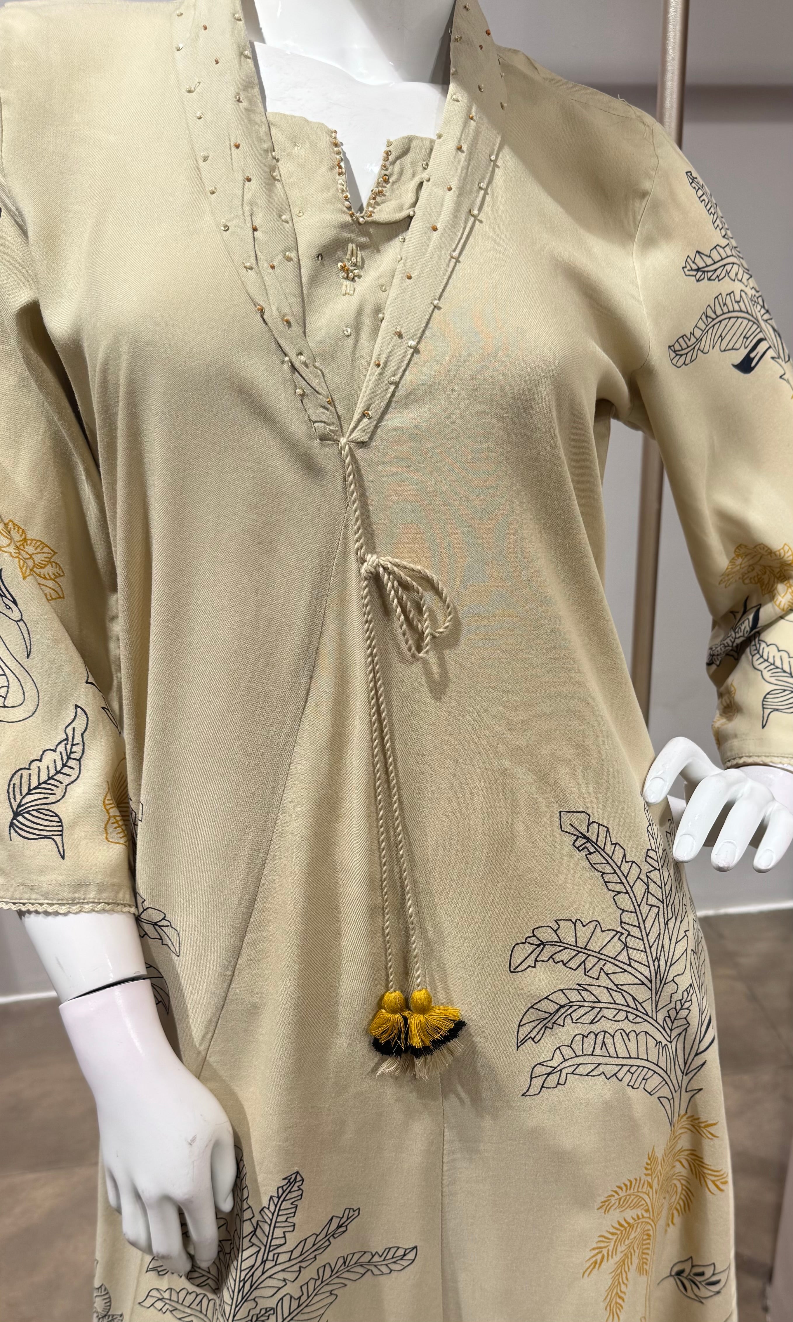 Cream Printed A-Line Kurti set