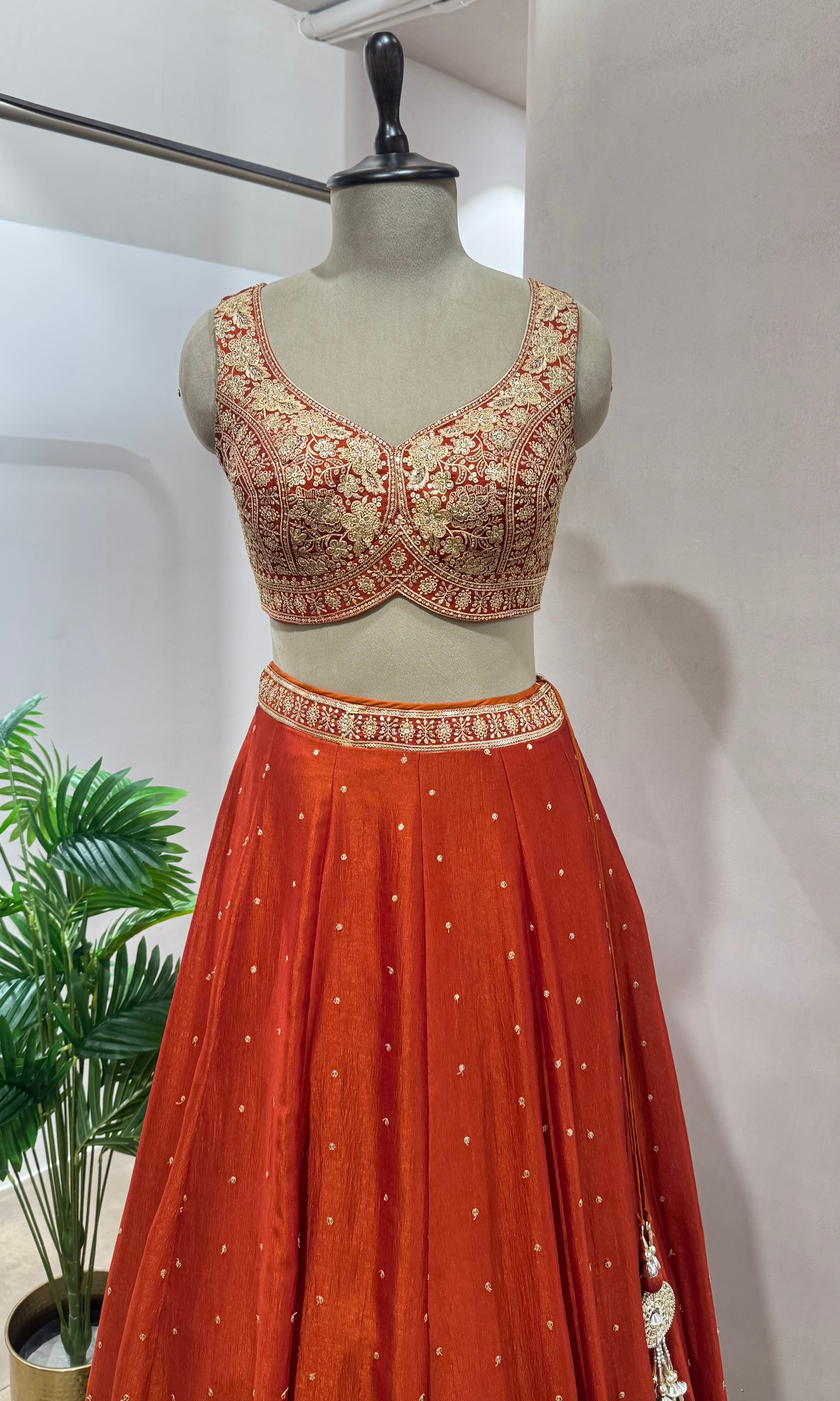 Rust EMBROIDERED Lehenga WITH DUPATTA