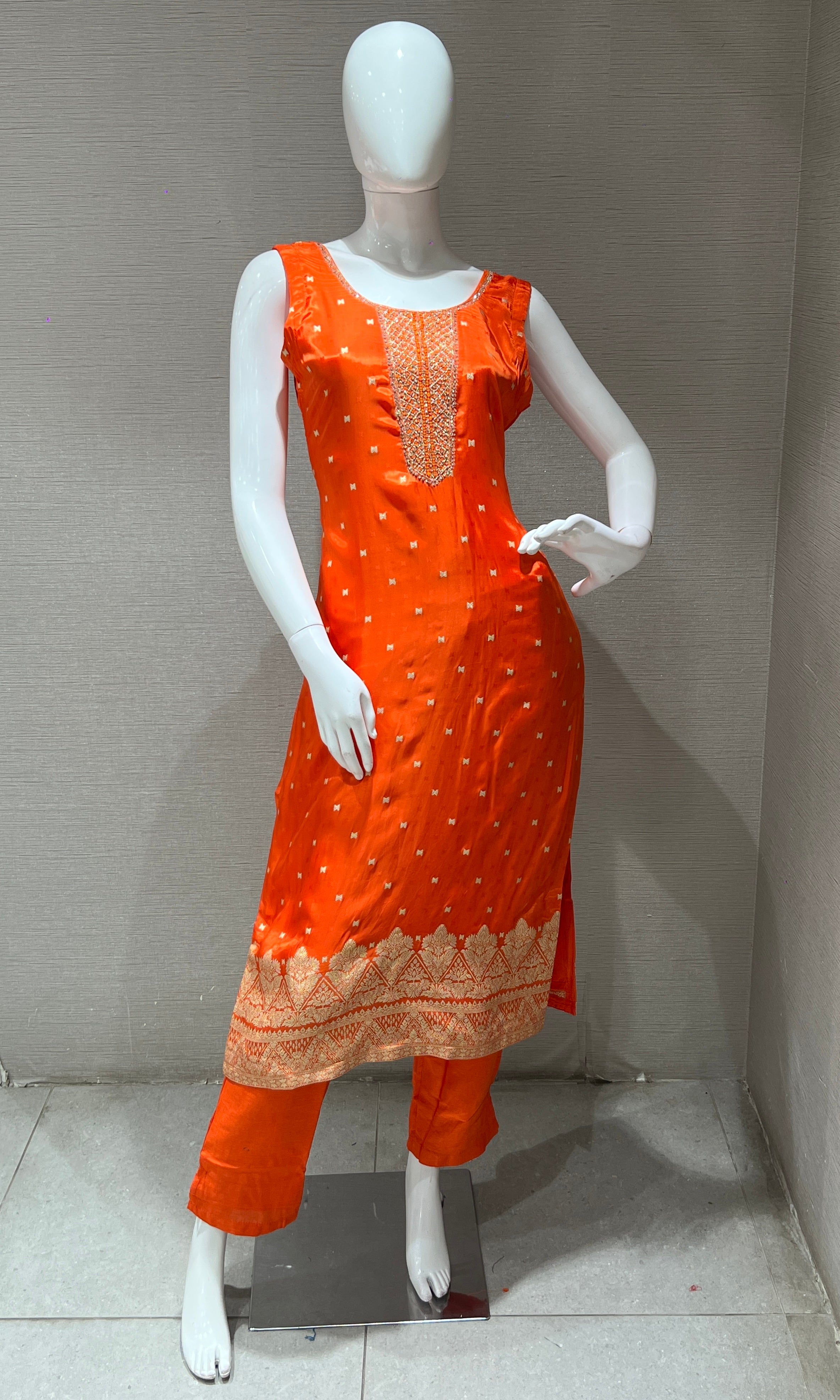 Orange kurta set with Golden Embroidery