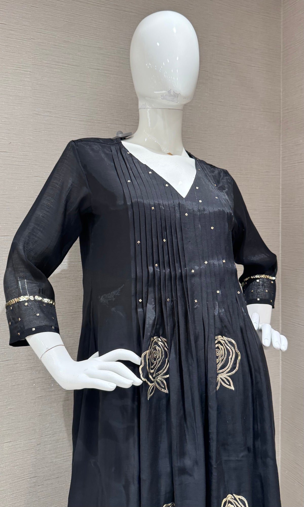 Black golden floral mul chanderi kurta set