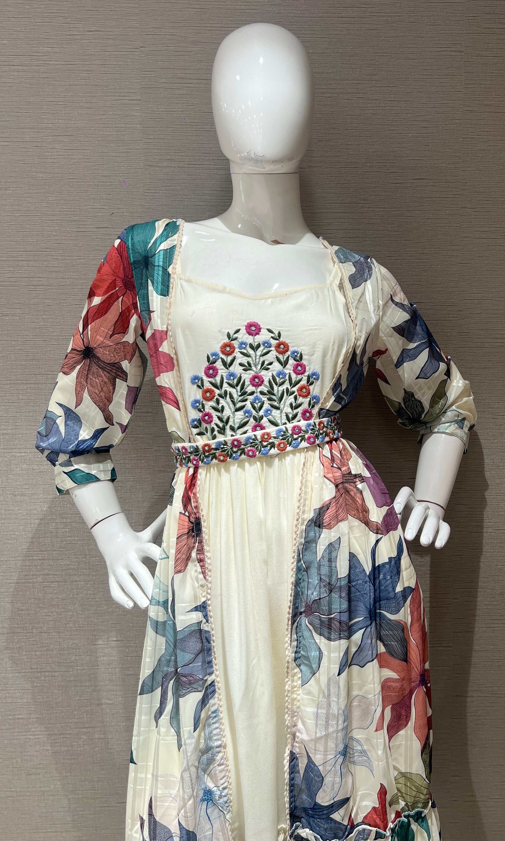 Cream Floral Print Festive Tiered Fusion frock