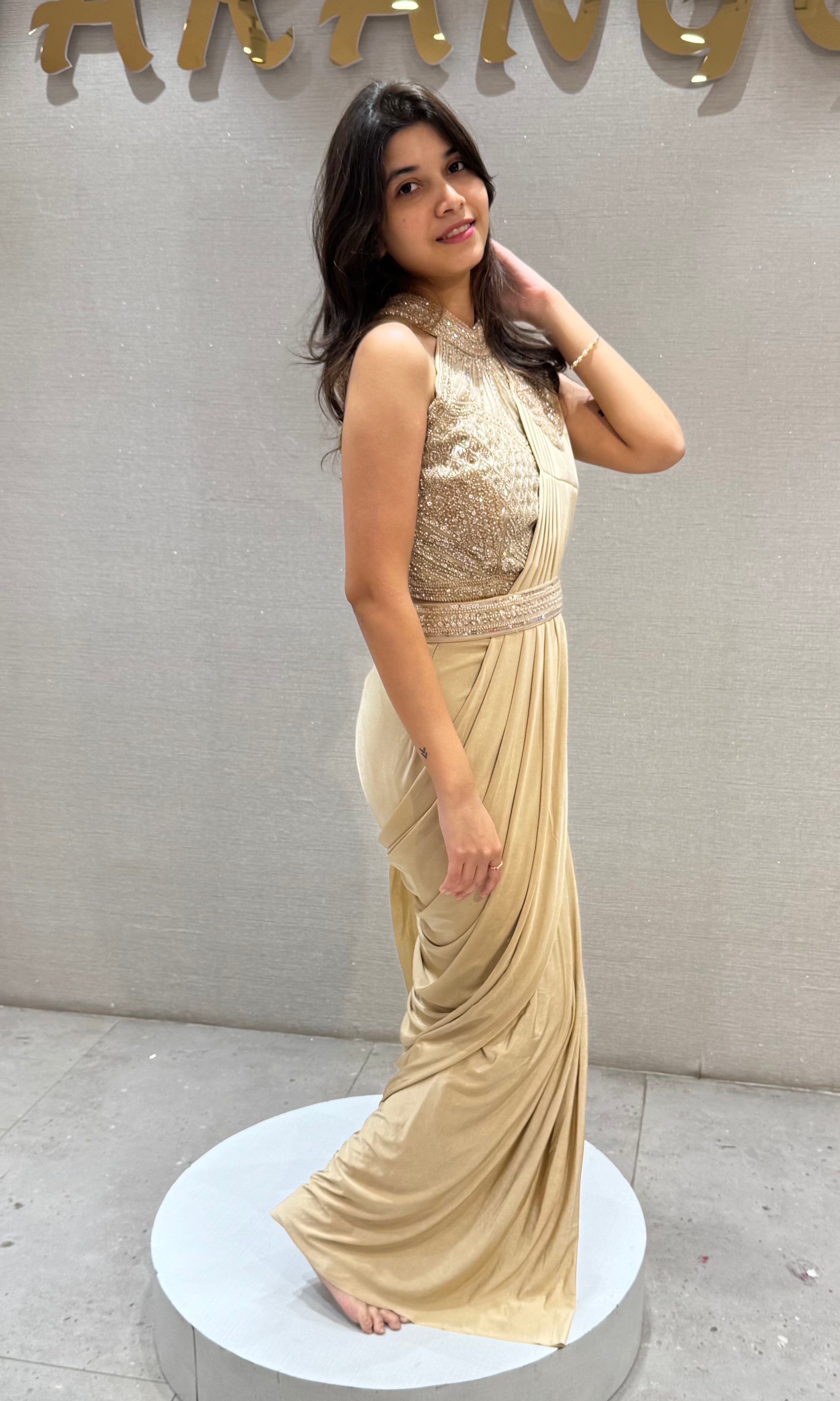 Golden Shimmer Saree with Embellished Waistband