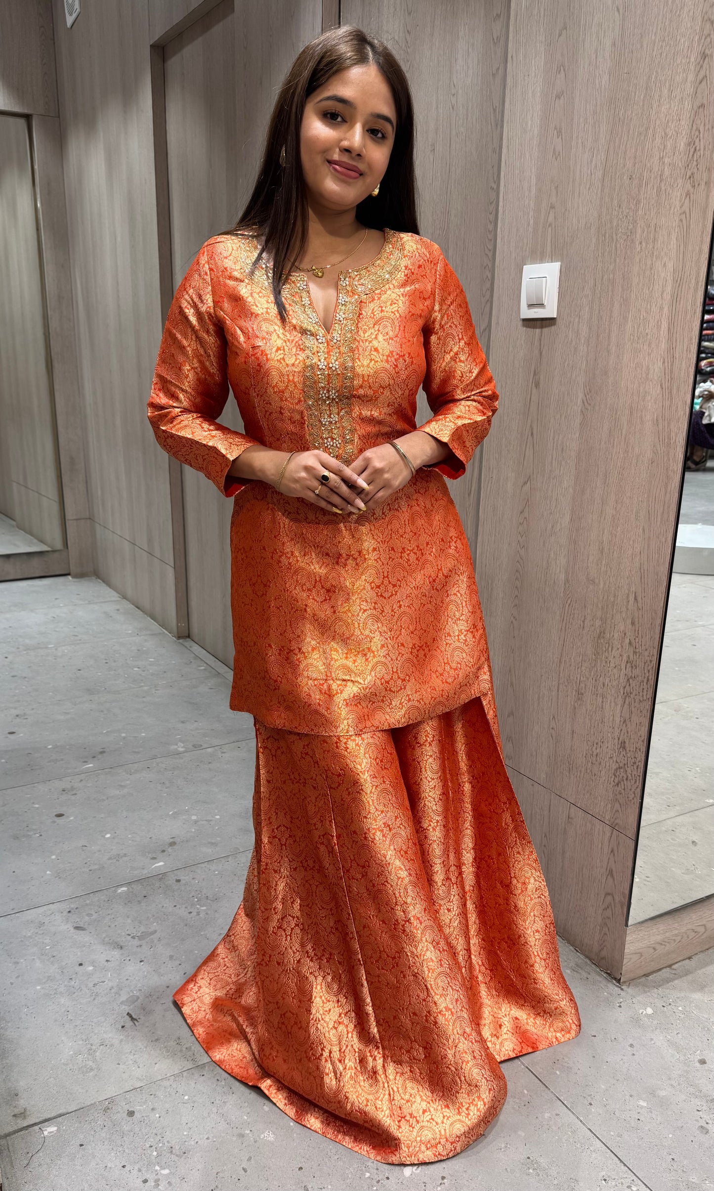 Orange Banaras sharara with short kurti
