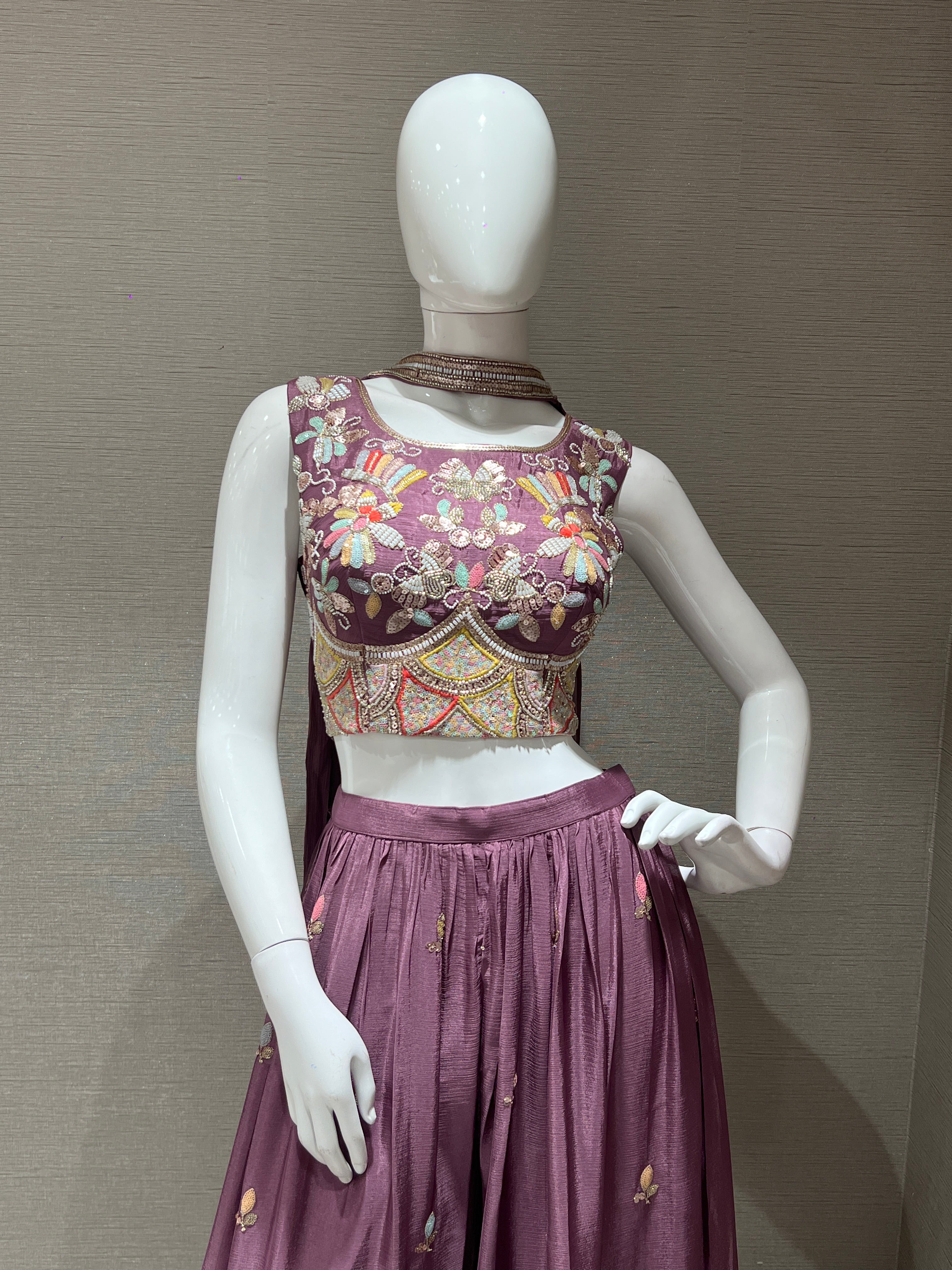 Lilac Embroidered Crop Top and Palazzo Set