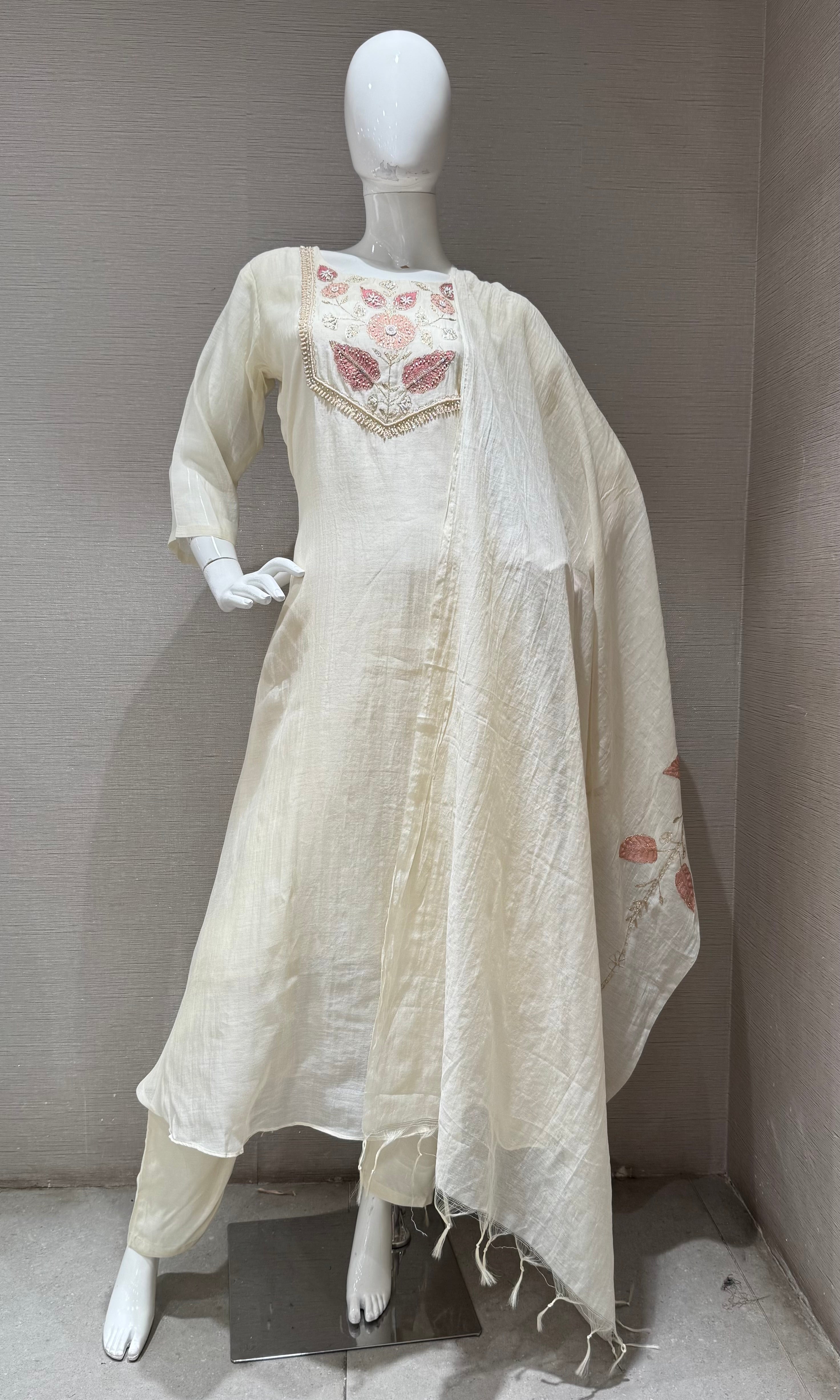 Half White Elegance Floral Embroidered Kurta Set