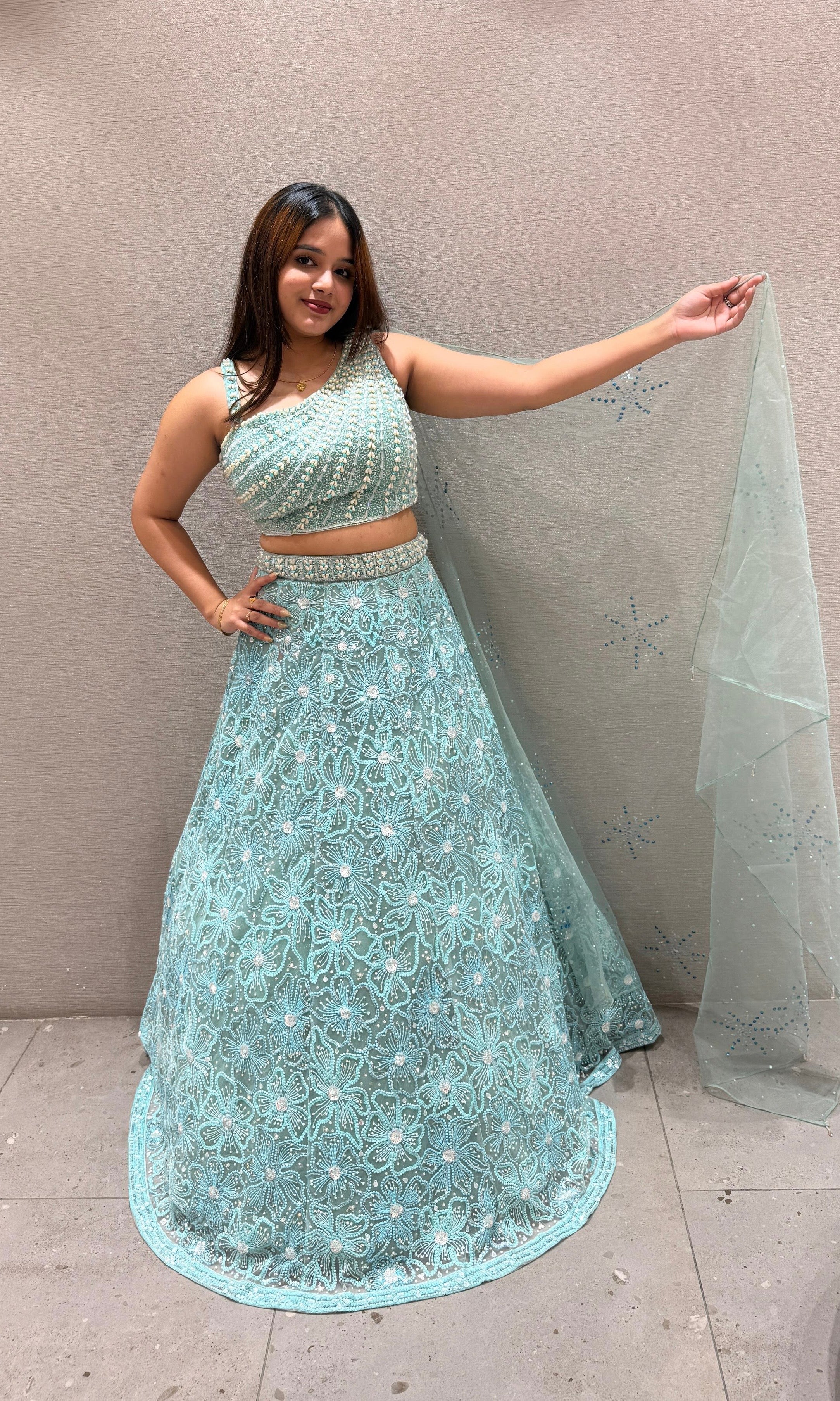 Sea blue Indo western Lehenga