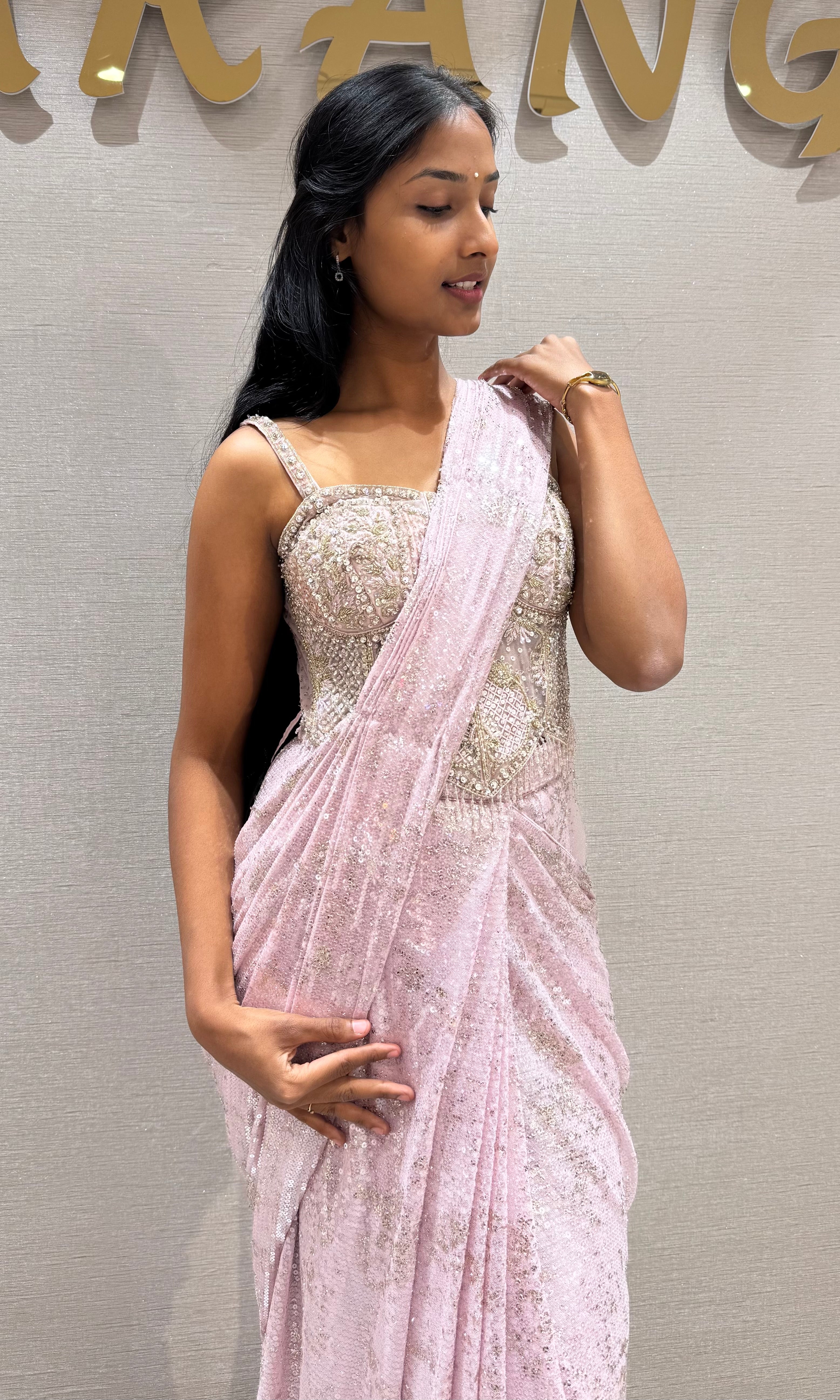 Baby Pink Embellished Drapee Saree with Corset Bustier