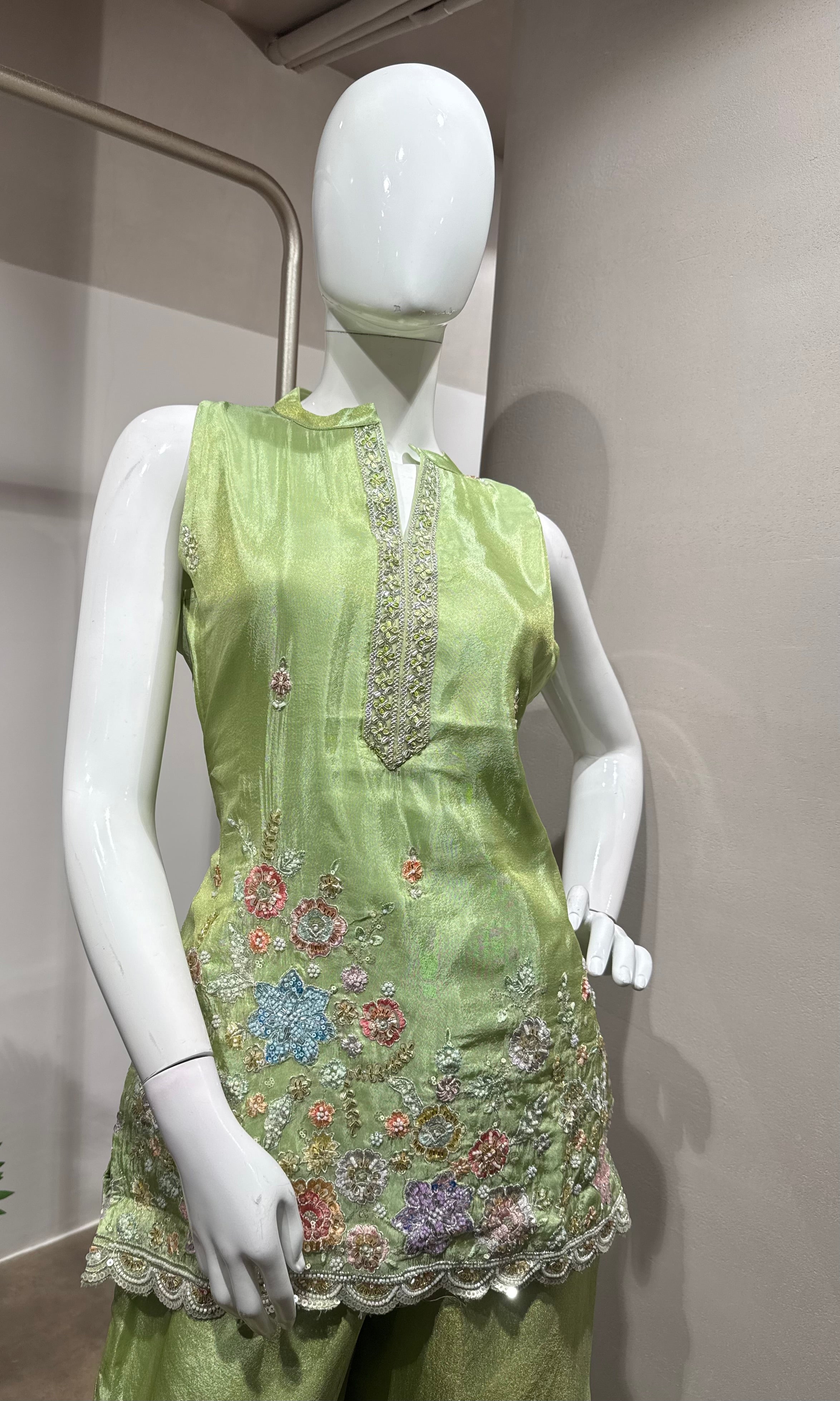 pista green floral embroidered sharara set