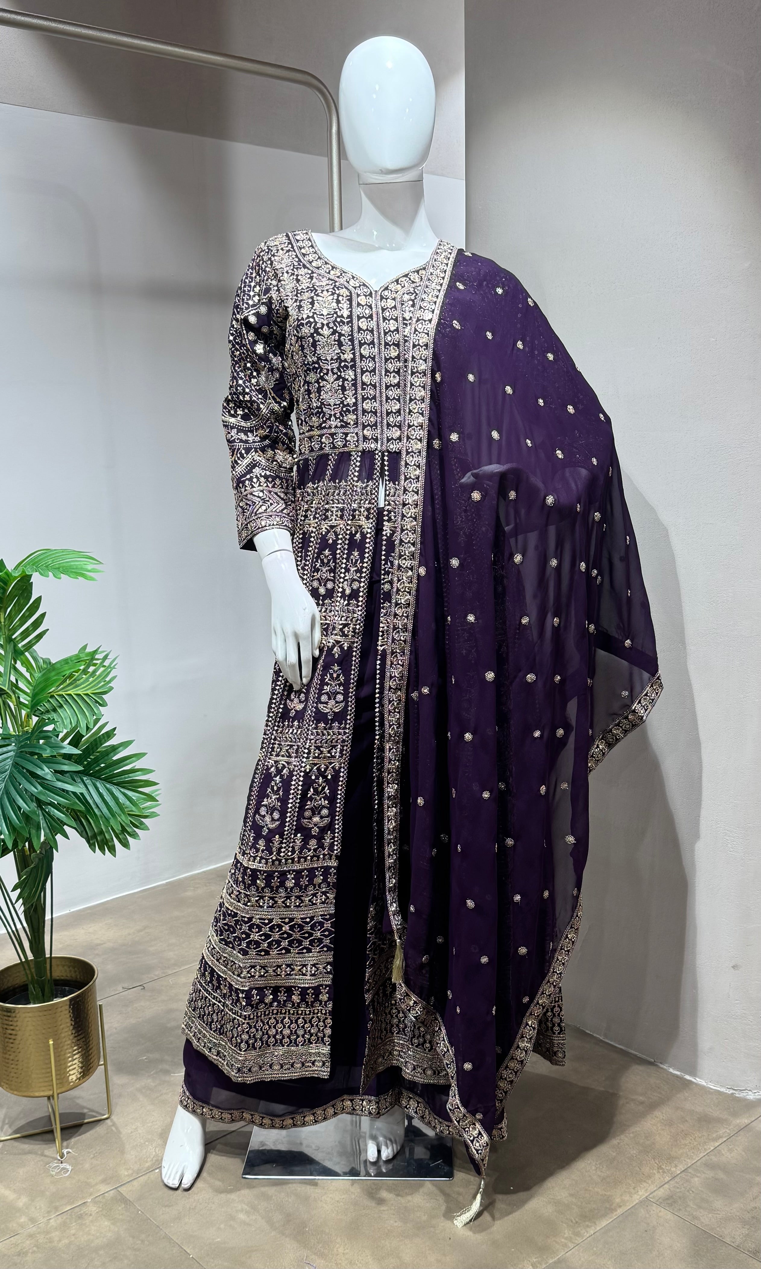 Purple A line cut palazoo set