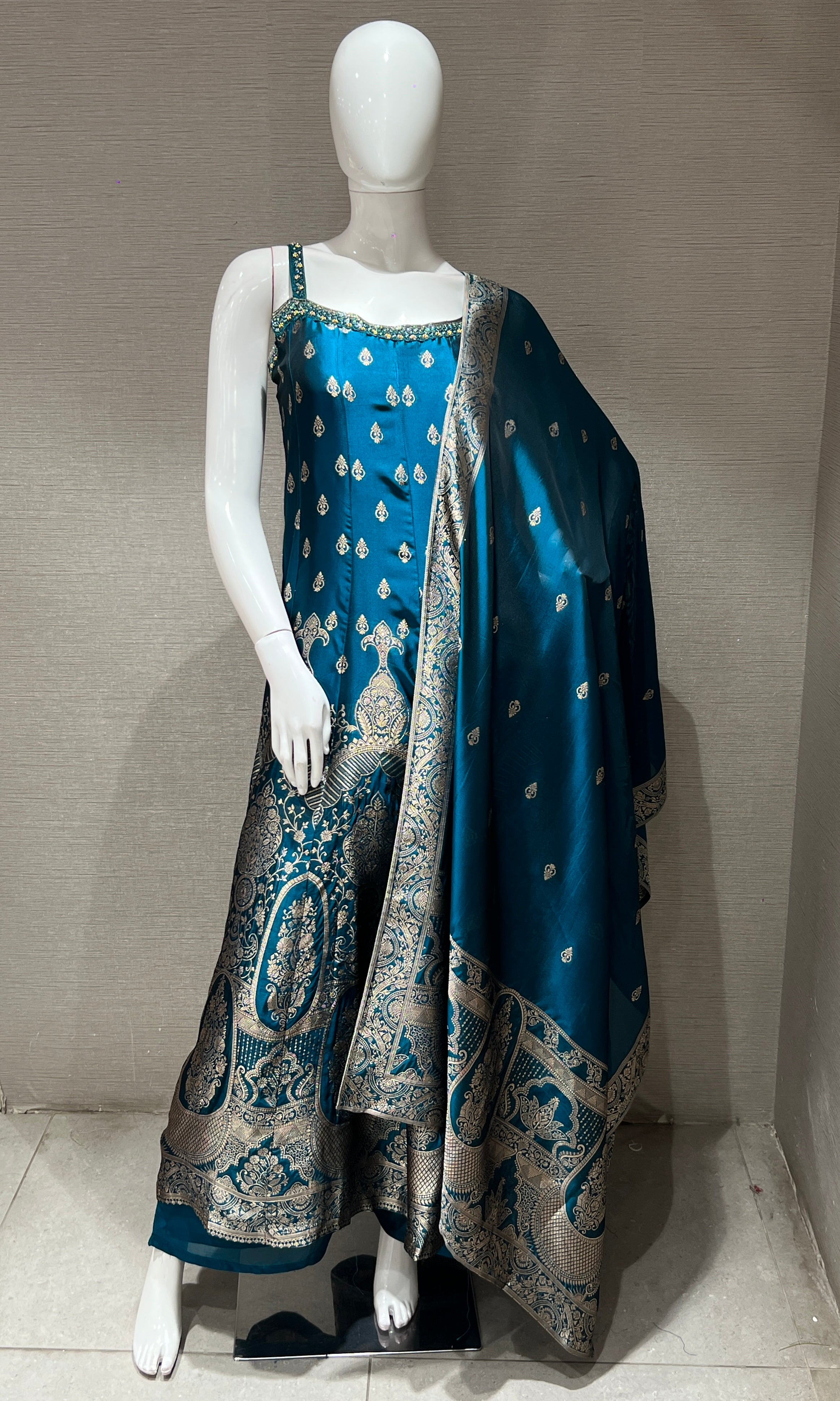 Rama Blue Anarkali with Gold Print embroidery
