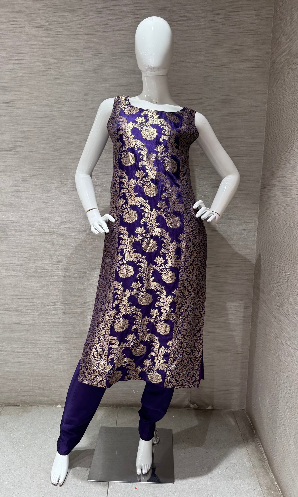 Purple Banarasi Silk Golden Floral Zari kurta set