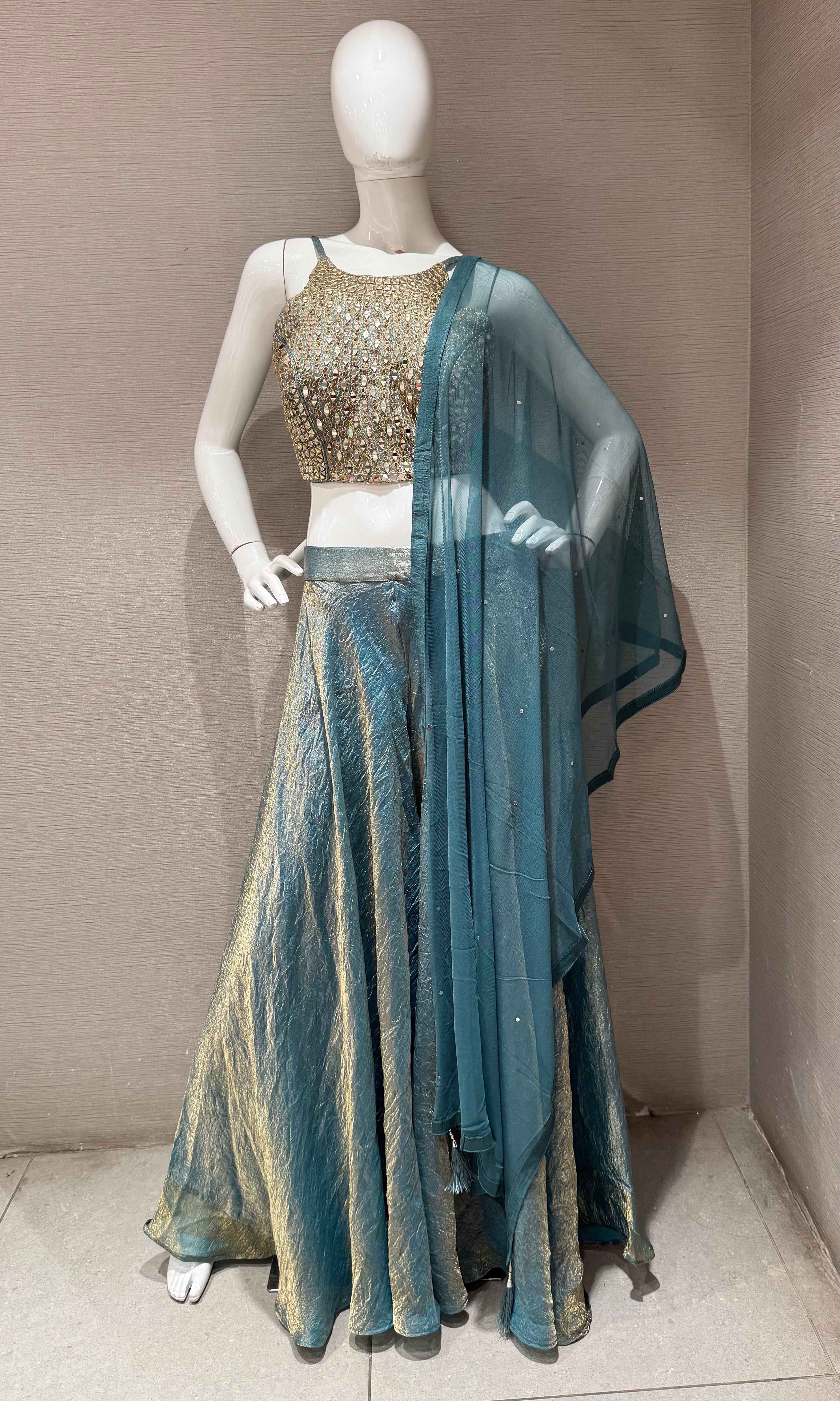 Blue Shimmer palazzo set with golden ethnic blouse