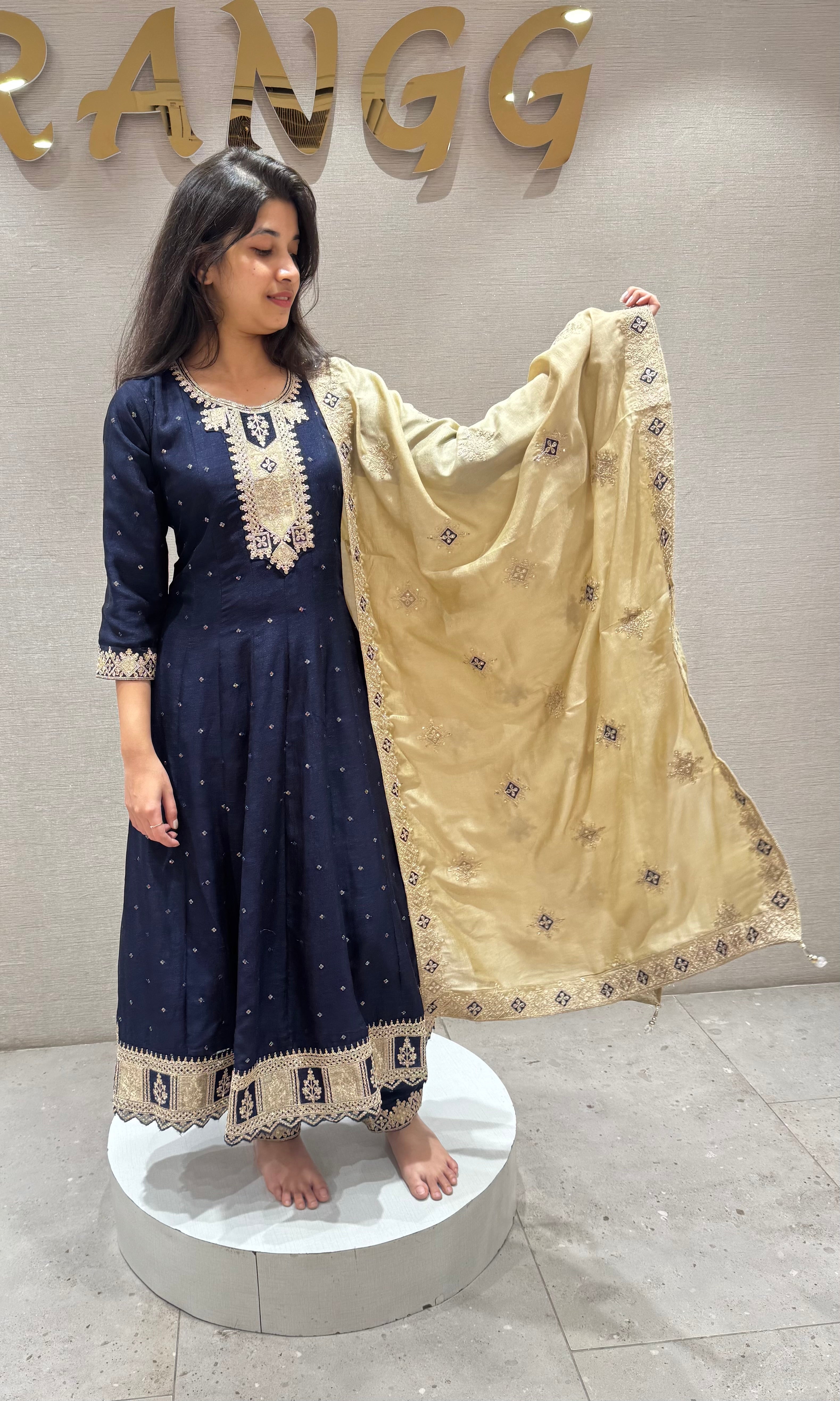 Navy blue Anarkali with contrast dupatta
