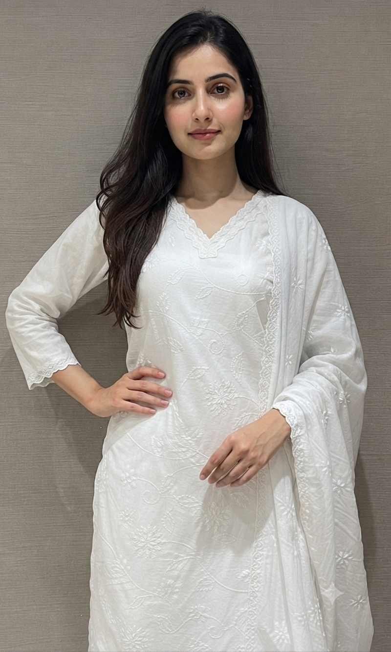 White Cotton Kurta Set with Pink Floral Embroidery