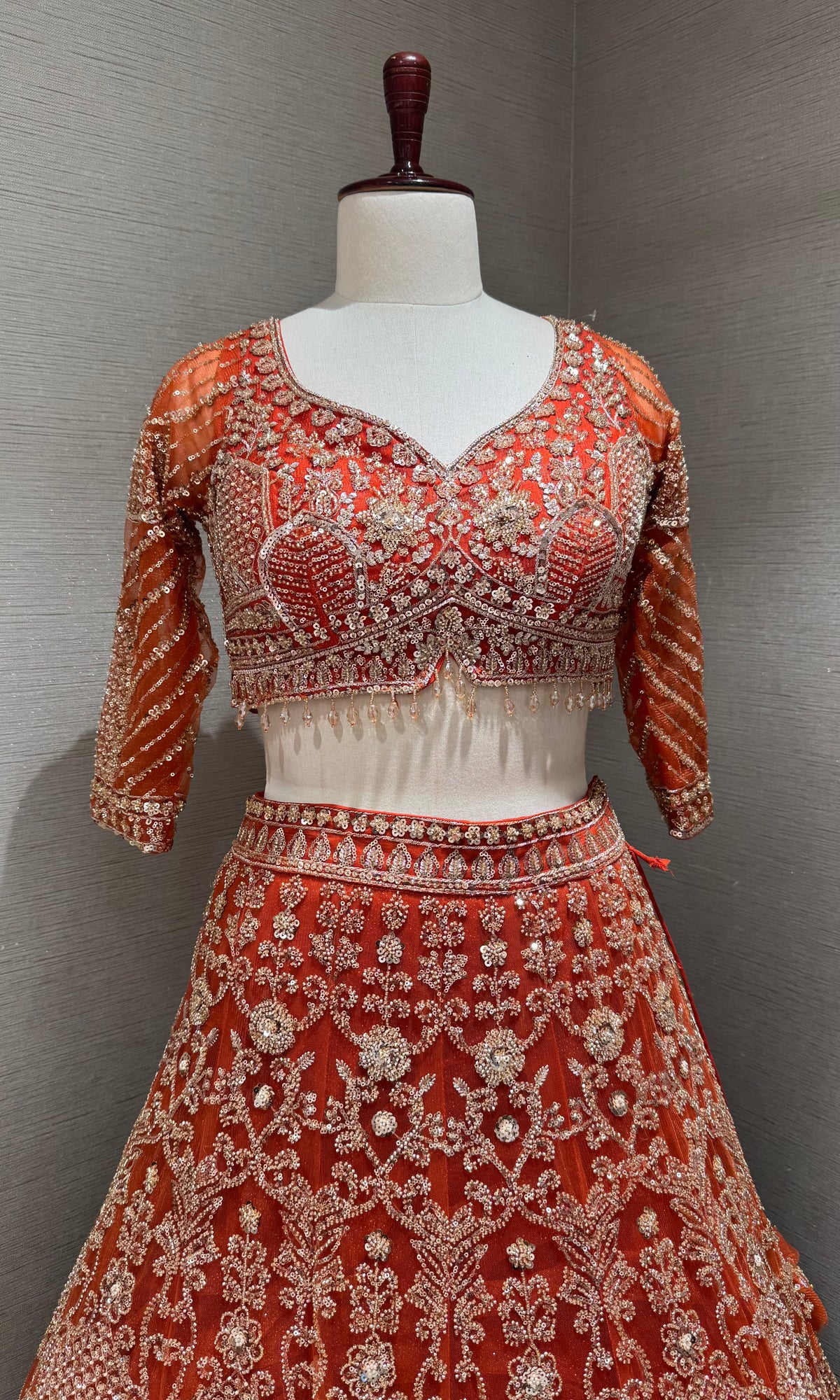 Rust Orange Georgette Motif Bridal Lehenga Set