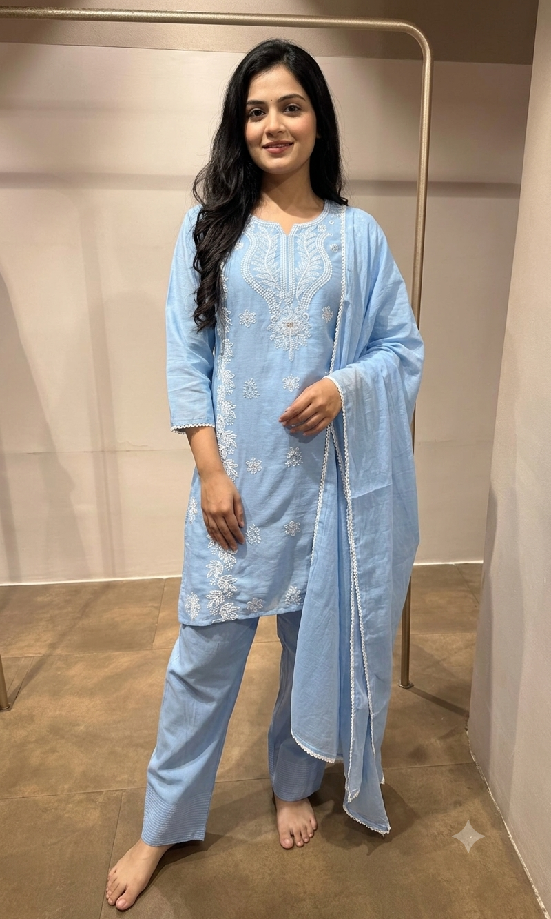 Blue Embroidered Kurta set with Dupatta