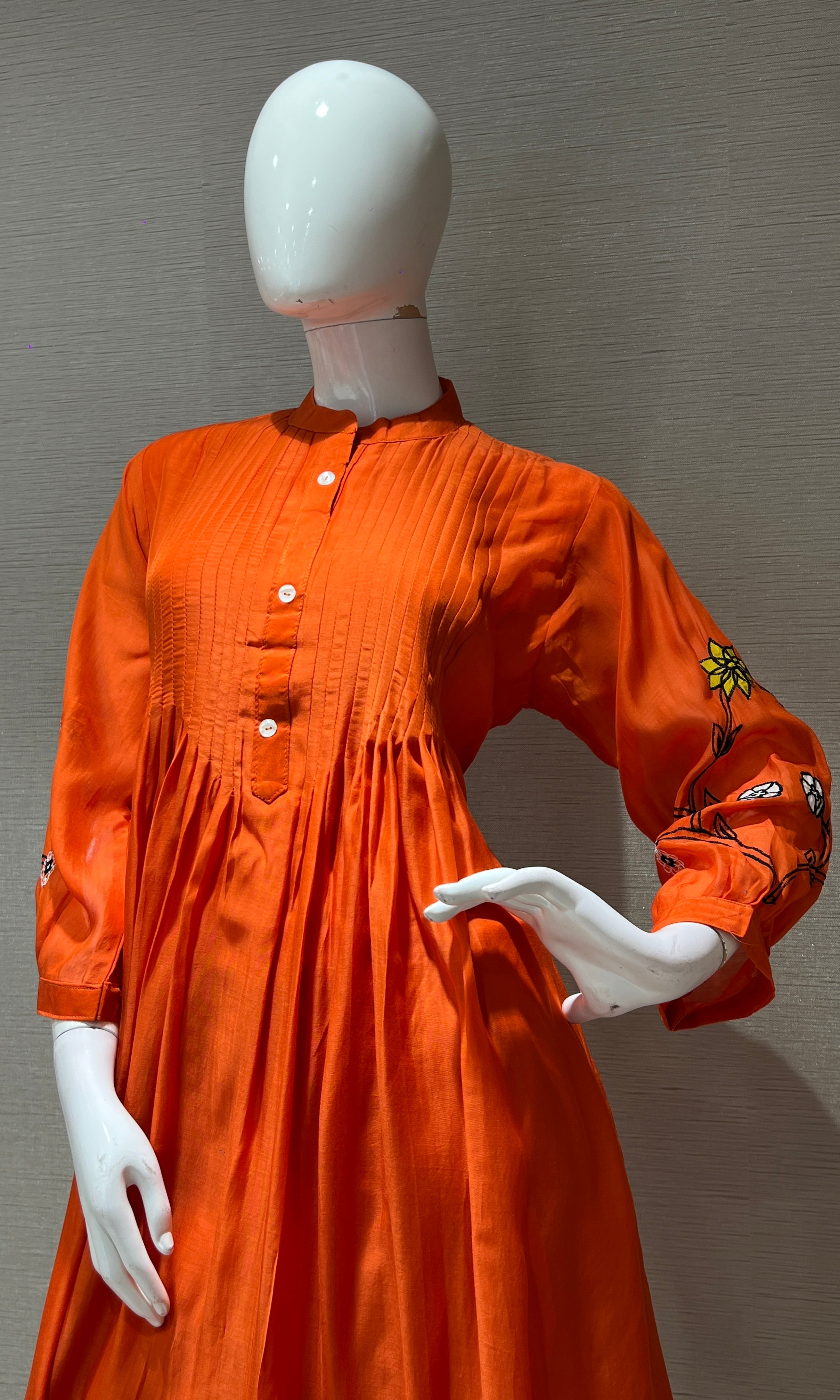 Orange floral embroidery mul chanderi kurta set