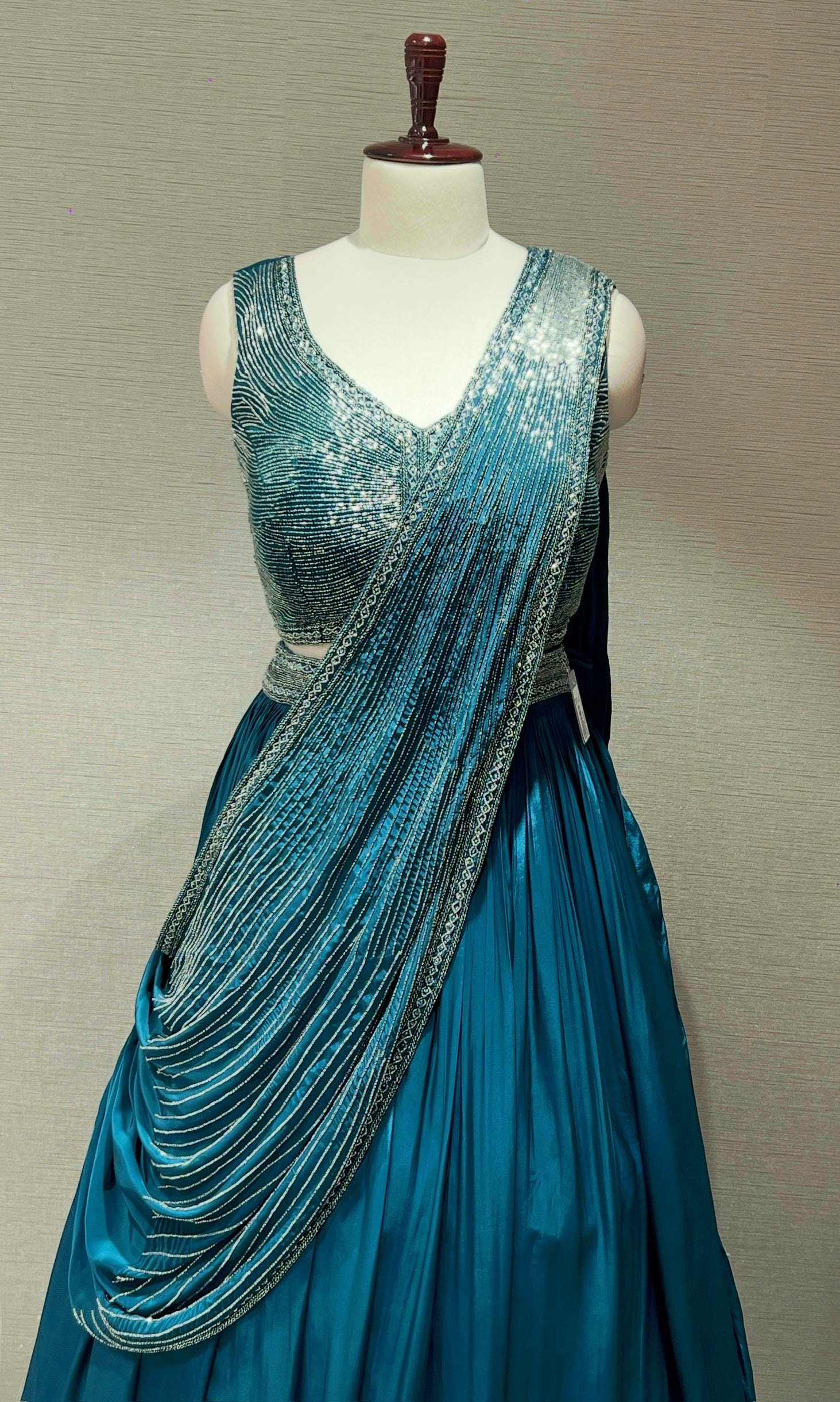 Peacock green Lehenga with draped sequins Pallu