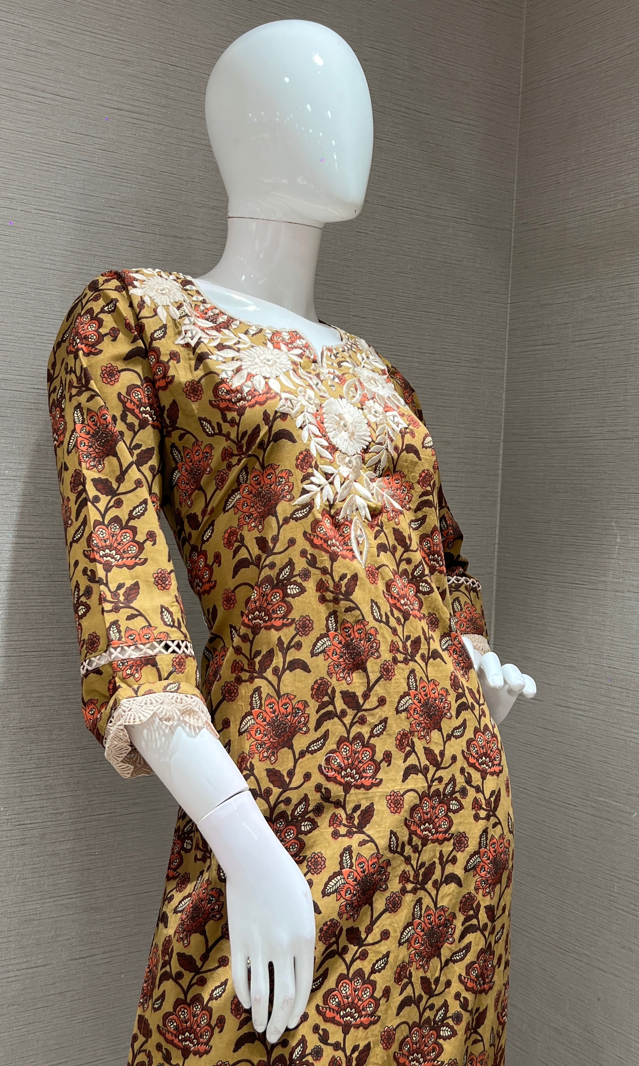 MUSTARD YELLOW printed EMBROIDERED KURTA SET