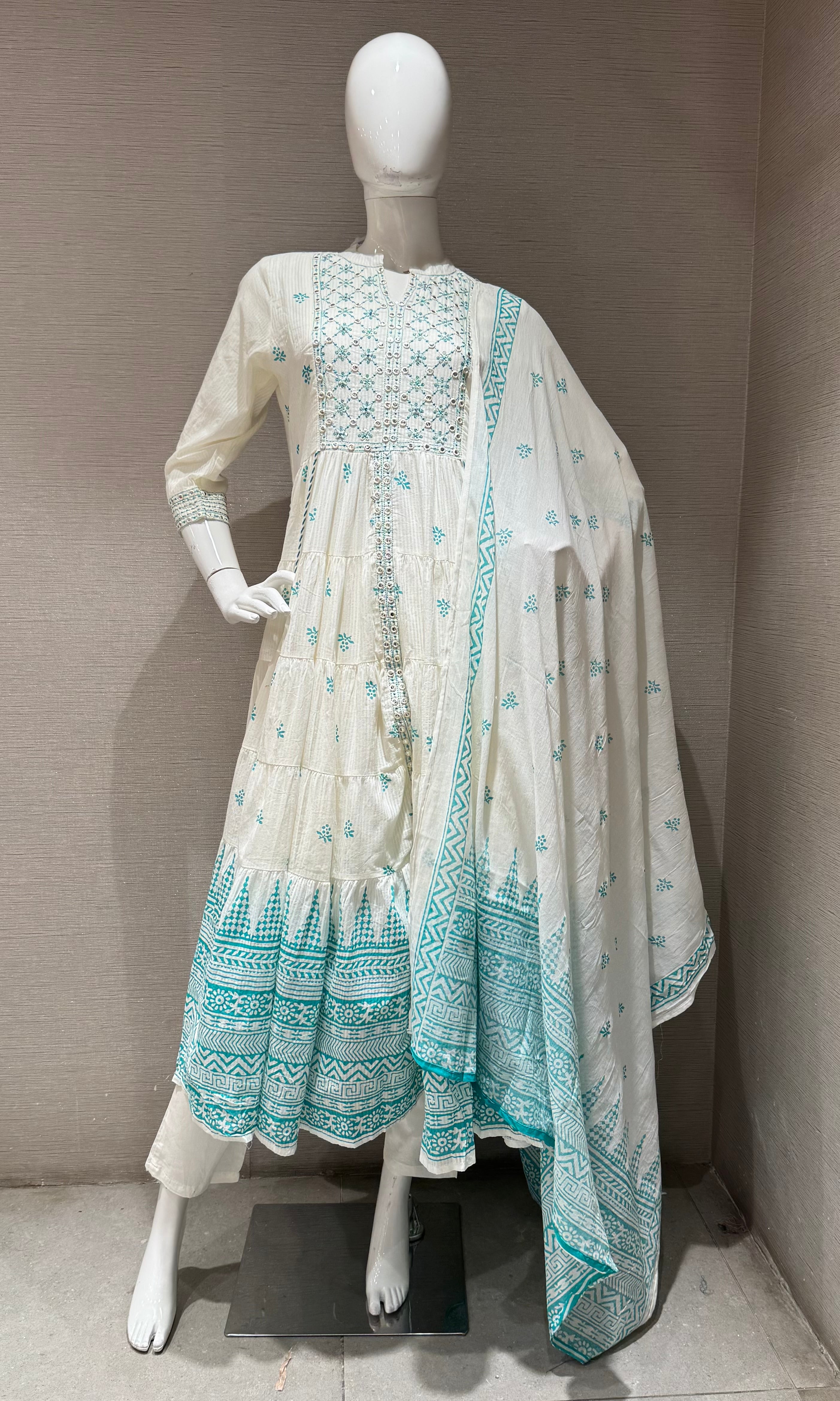 Sea Blue printed anarkali kurta set with dupatta