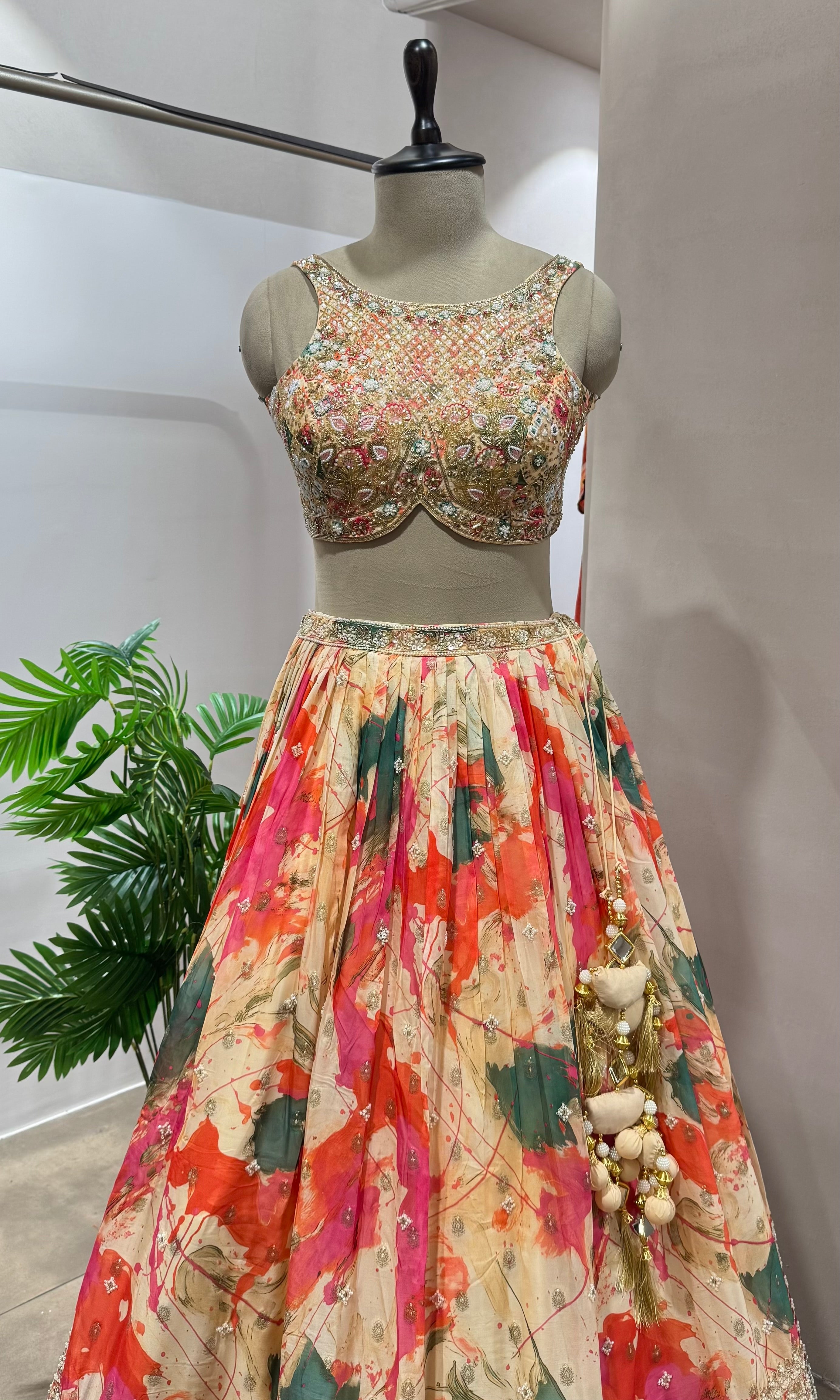 Peach FLORAL INTRICATE EMBROIDERY Lehenga