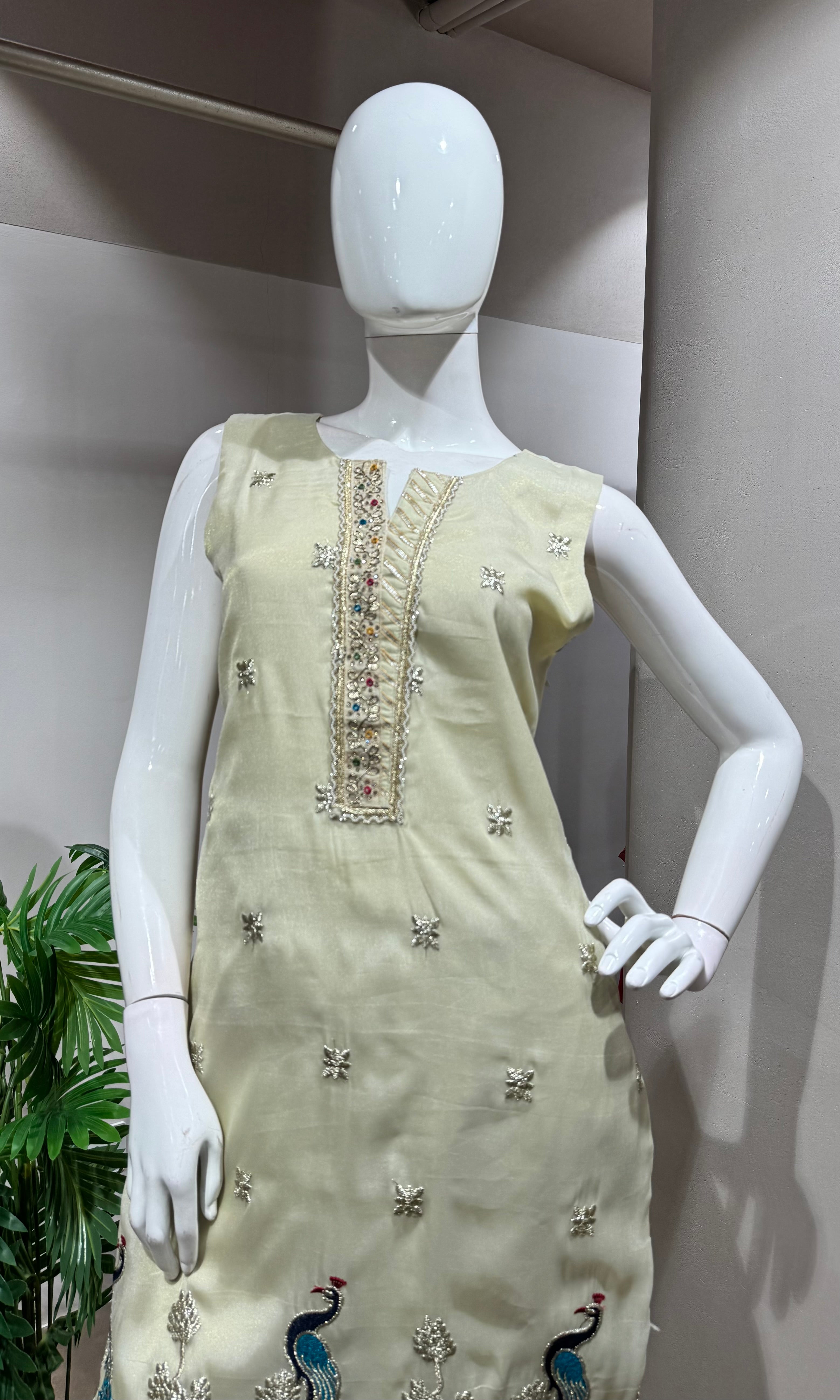 Cream Peacock Sharara Silk Ensemble