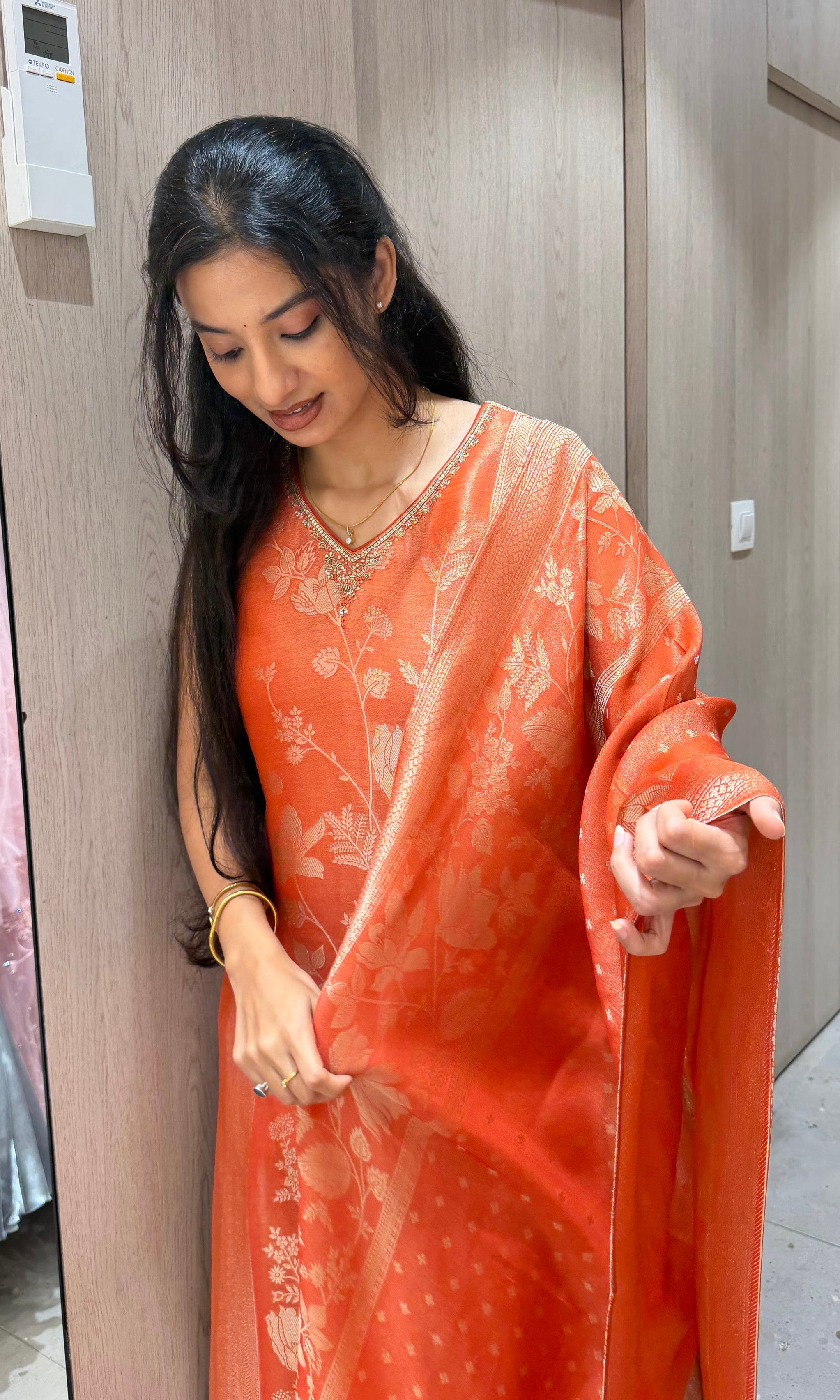 Orange Banarasi Kurta set with Matching Dupatta