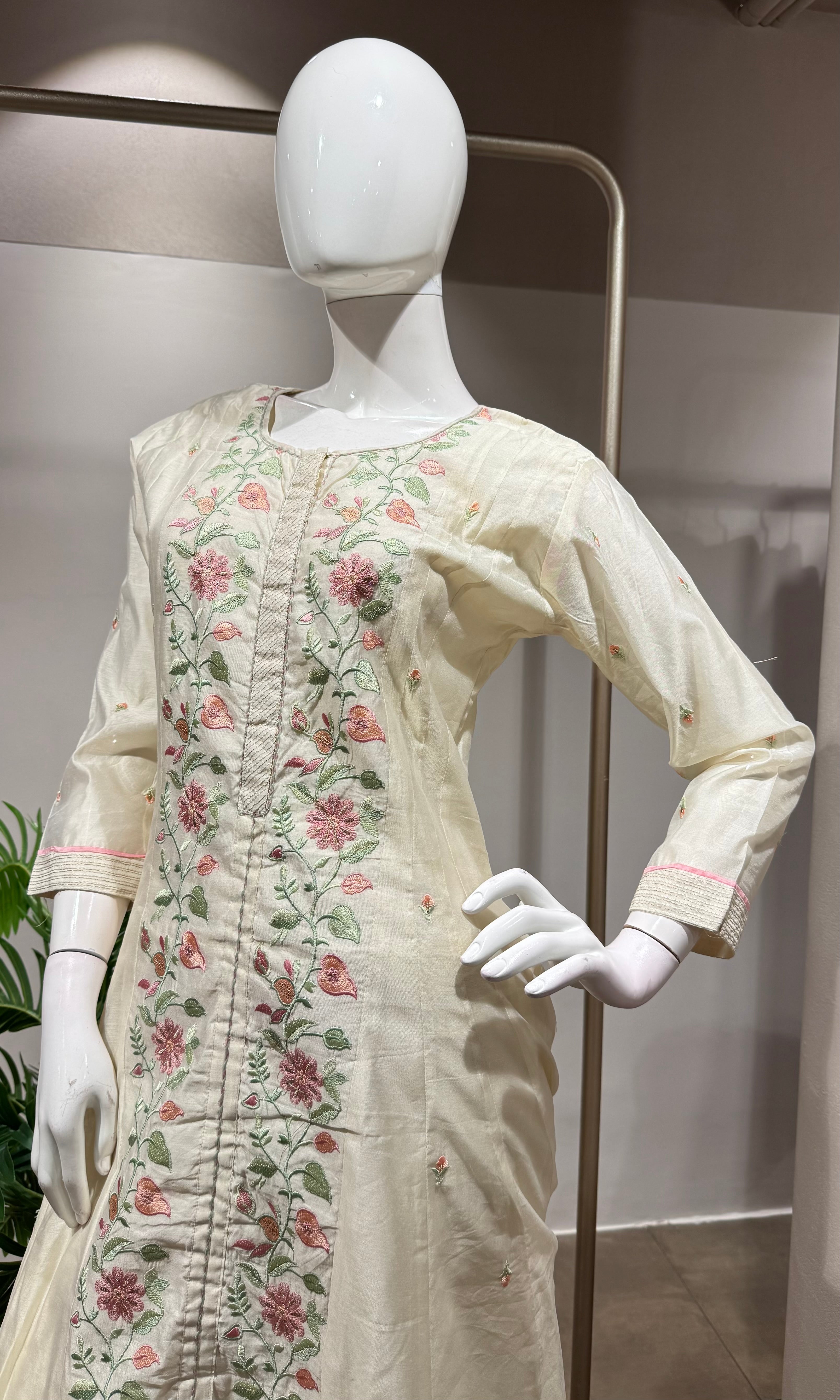 Cream Floral front slit Anarkali set