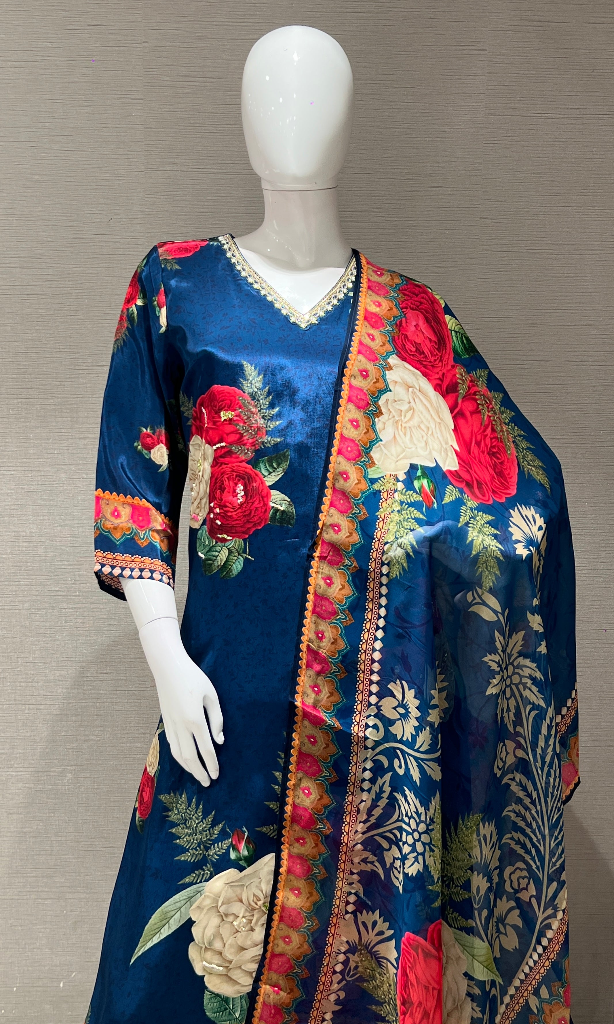 Navy blue floral printed KURTA SET