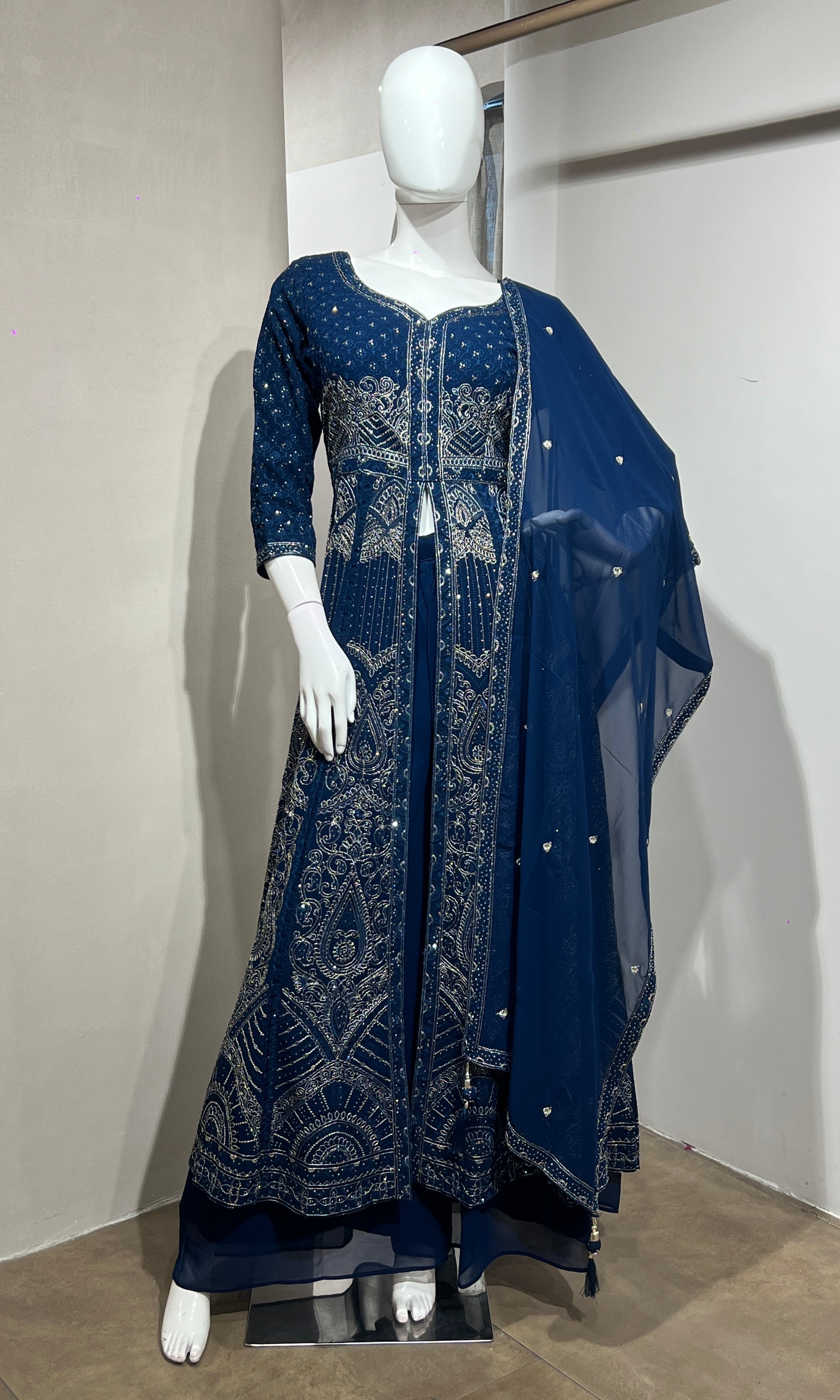 Blue FRONT SLIT ANARKALI WITH PALAZZO PANTS