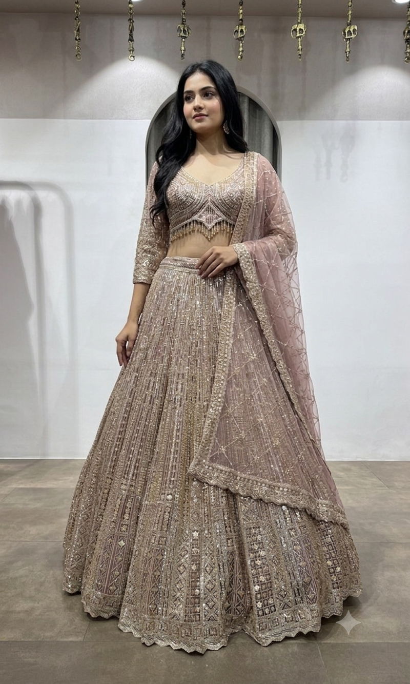 Pink Rose Gold Embroidered Lehenga with Dupatta