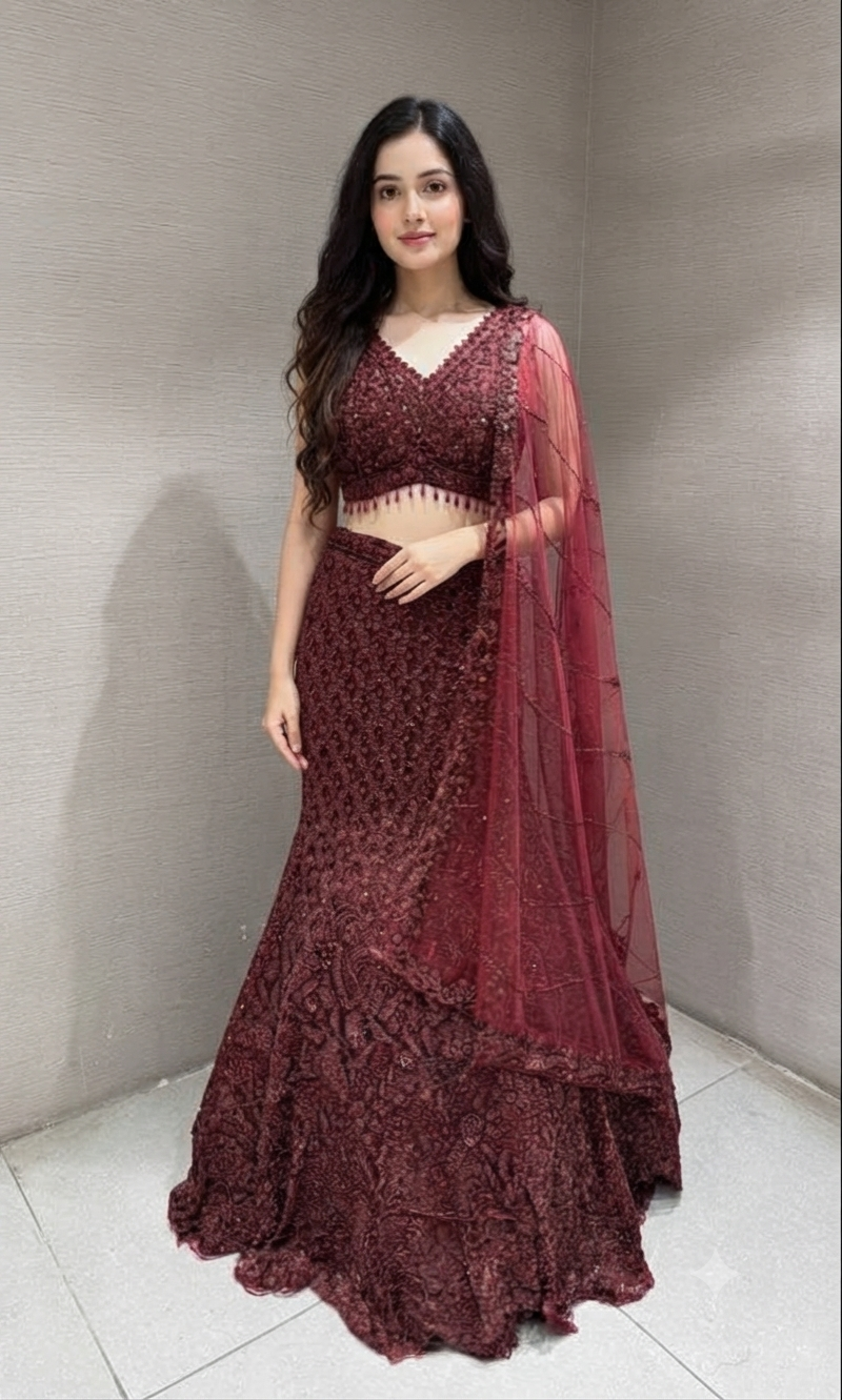 Wine Embroidered fish cut Lehenga Set with Sheer Dupatta