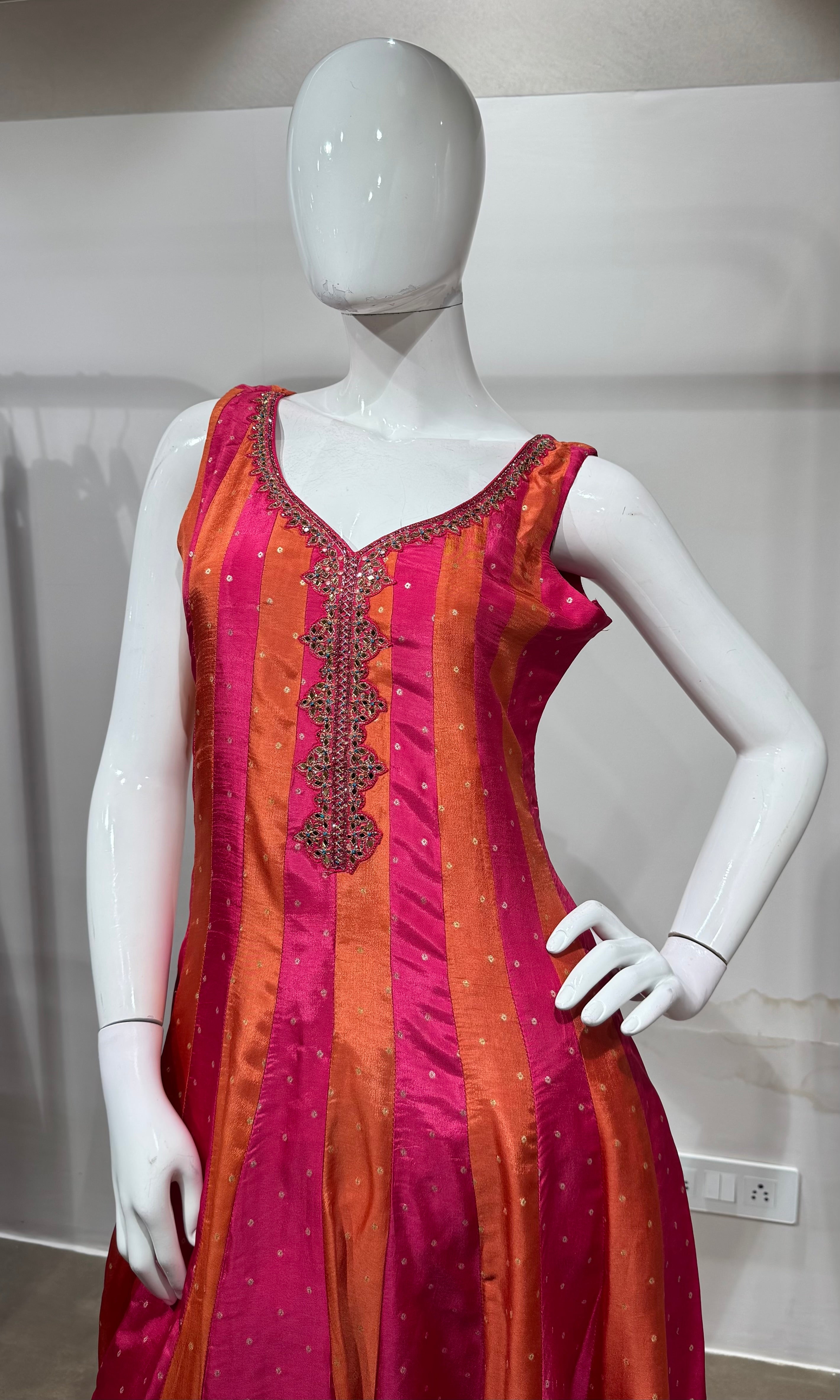 Rani Pink & Sunset Orange Striped Anarkali Set