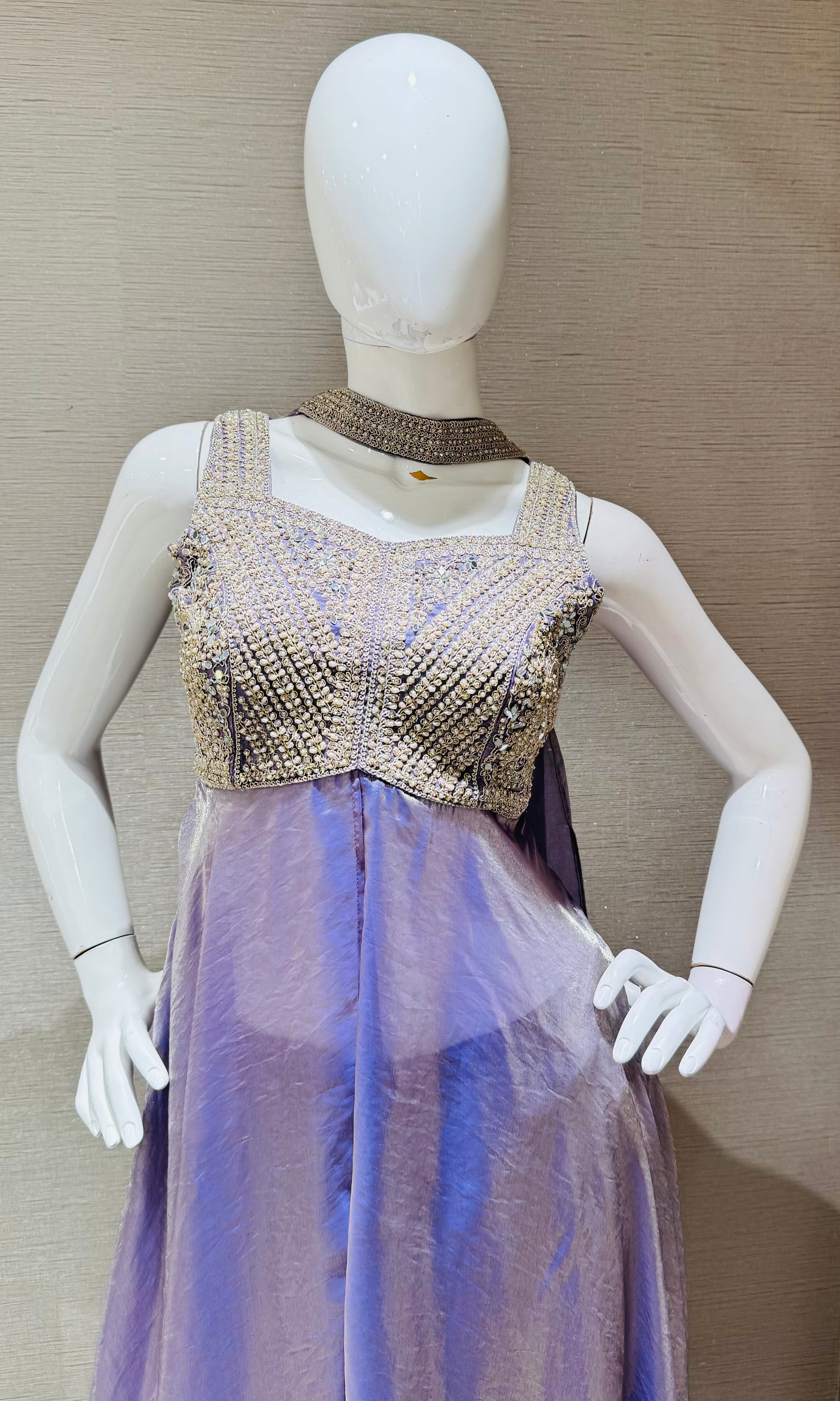 Lavender Embroidered shimmer tissue palazzo set