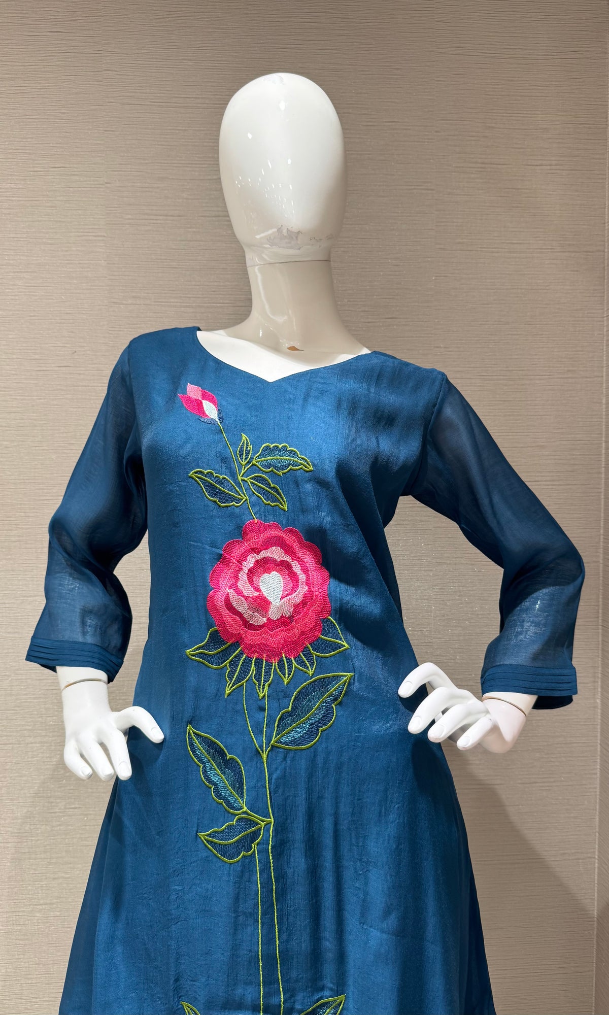 Navy blue cotton rose floral embroidery kurta set with dupatta