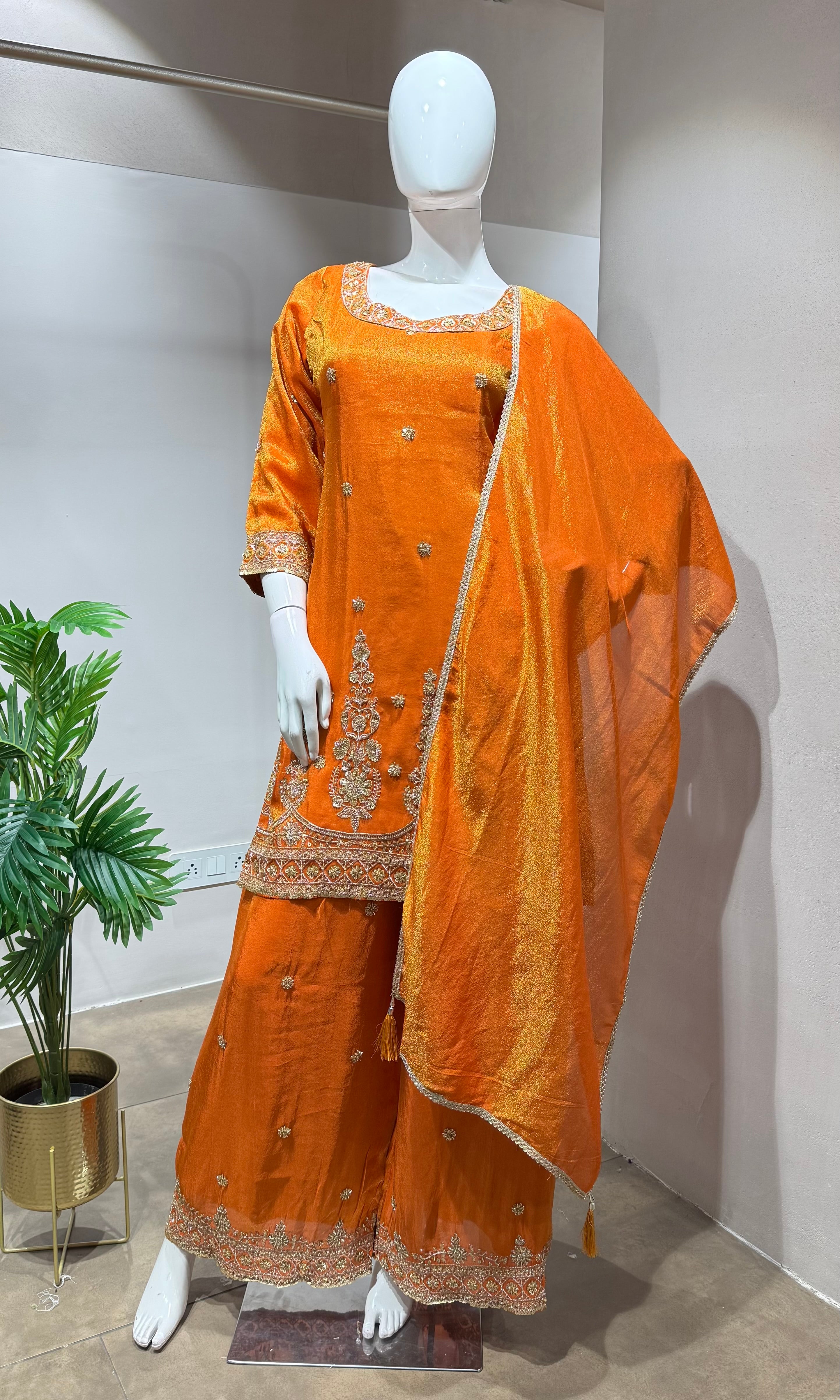 Orange  gold zari work sharara set