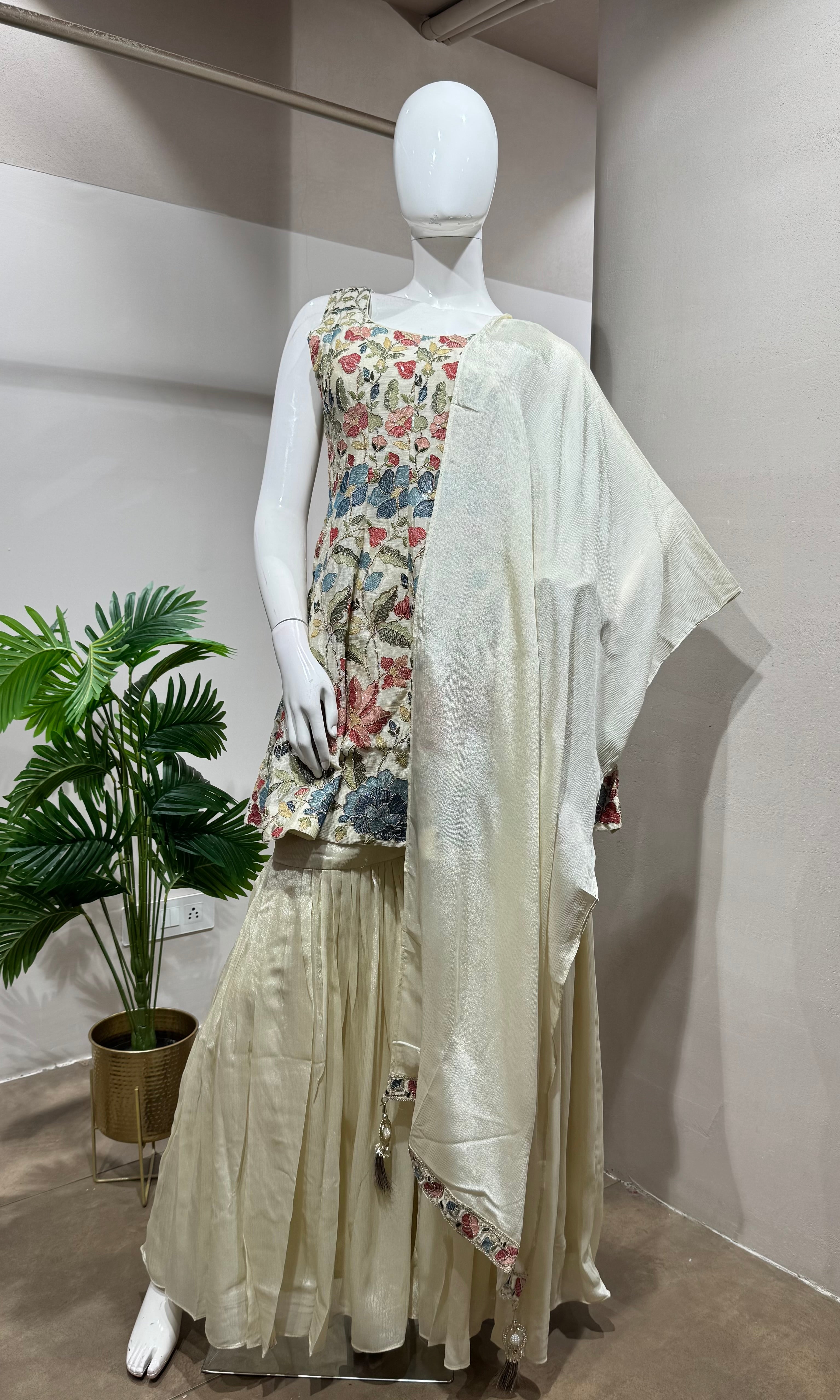 CREAM Floral Embroidery SHARARA Set