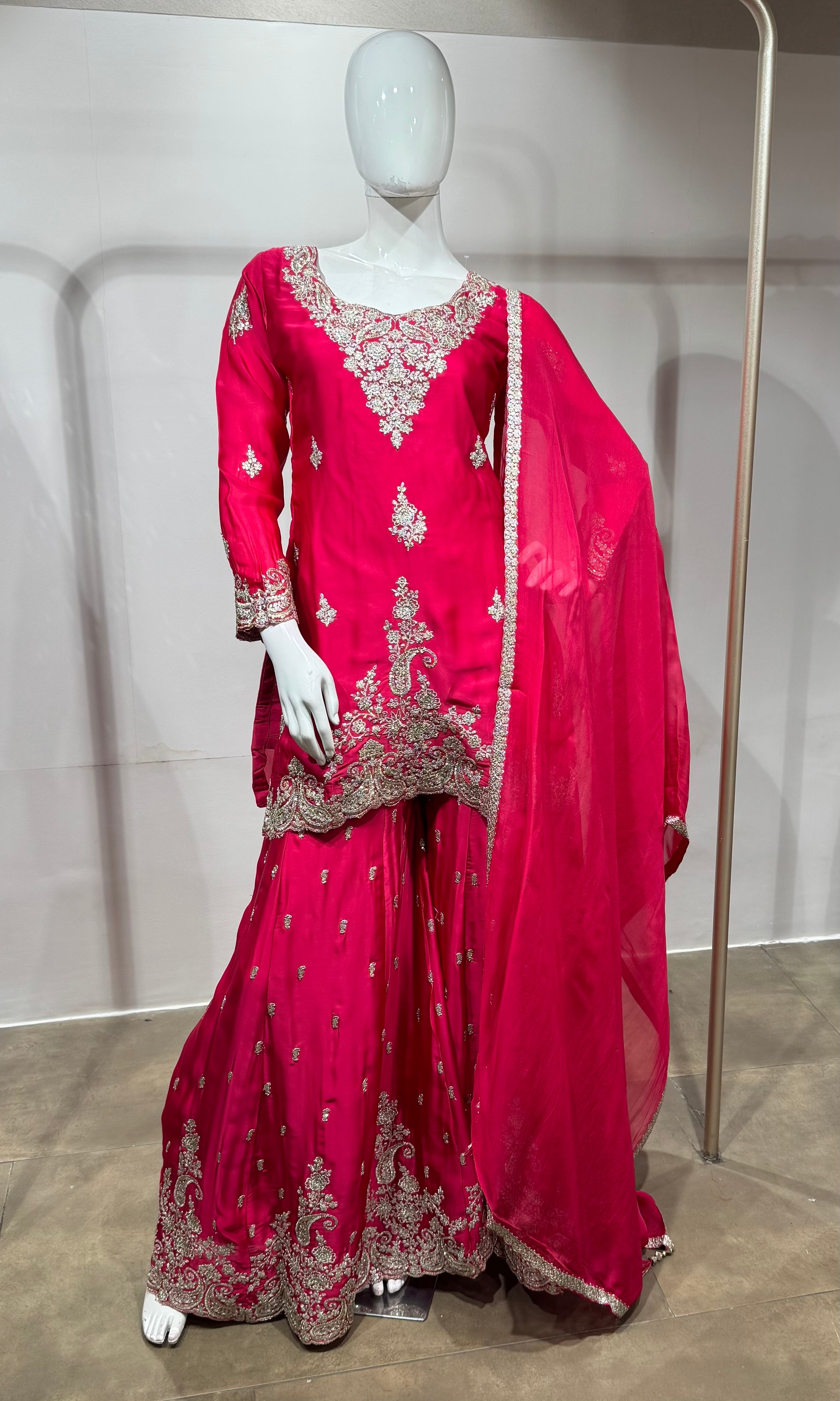 Rani Pink Silk Embroidered Sharara Set