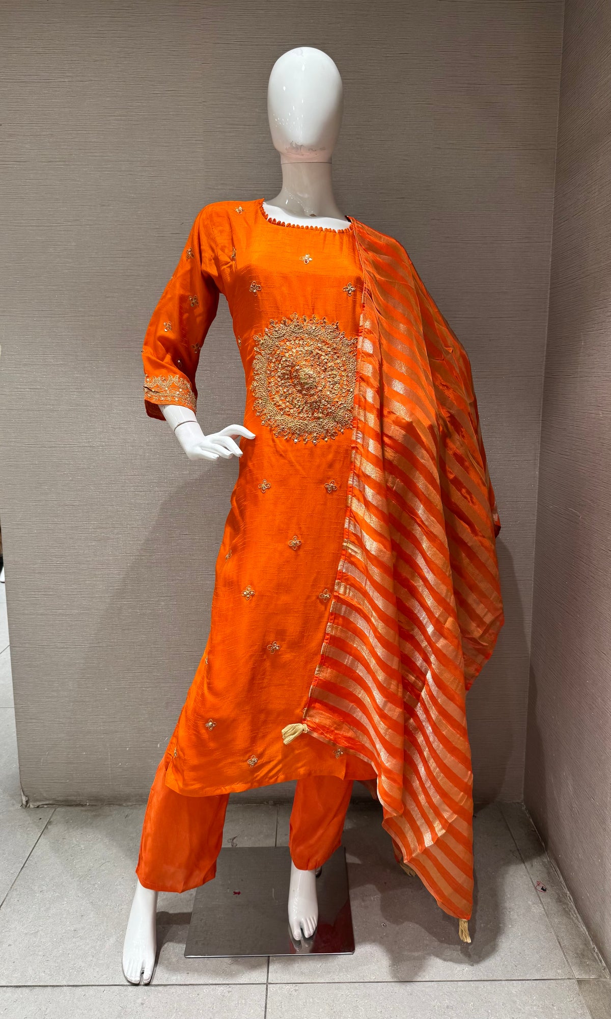 orange Elegance silk Kurta Set with Striped Dupatta