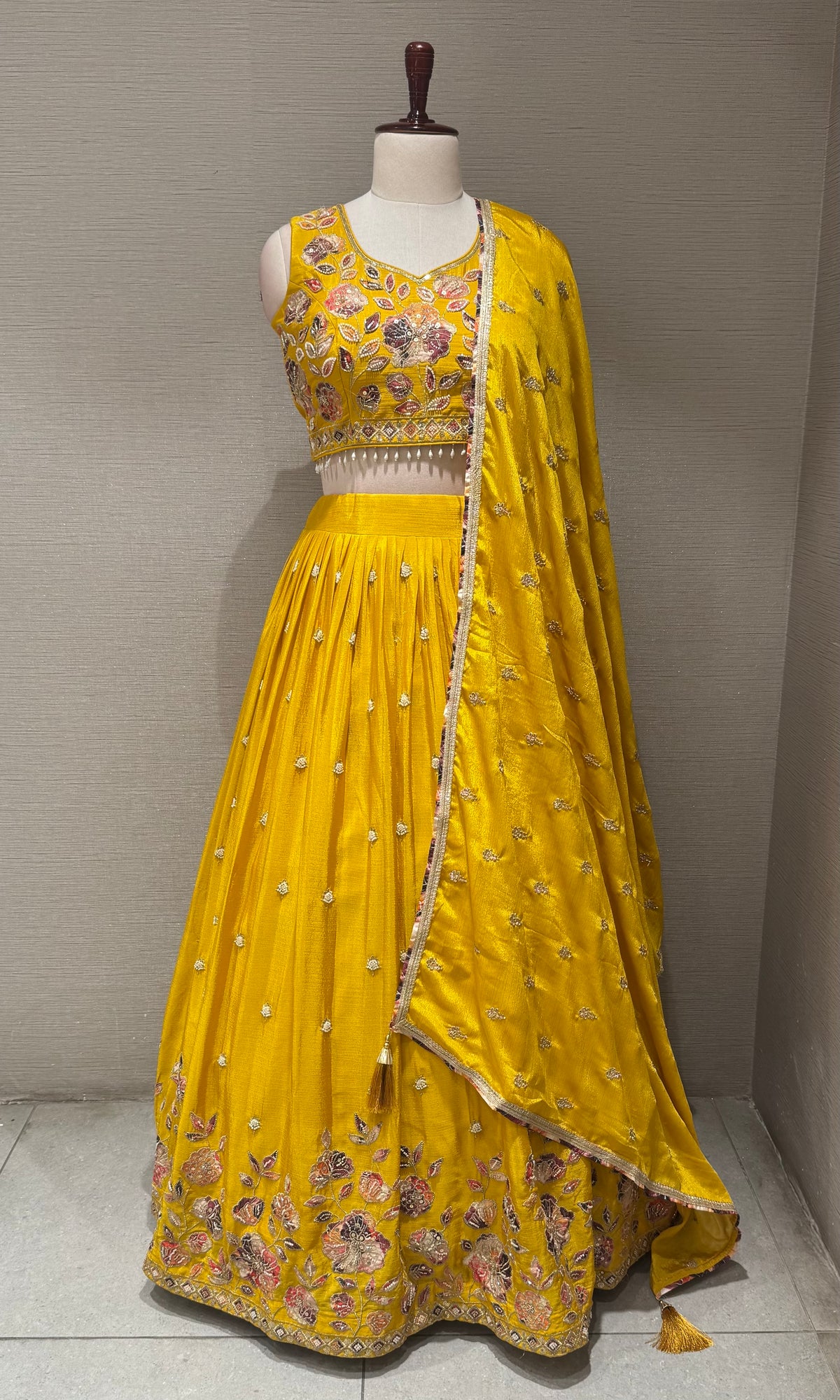 yellow Tissue silk Multi Floral Crop Top Lehenga set