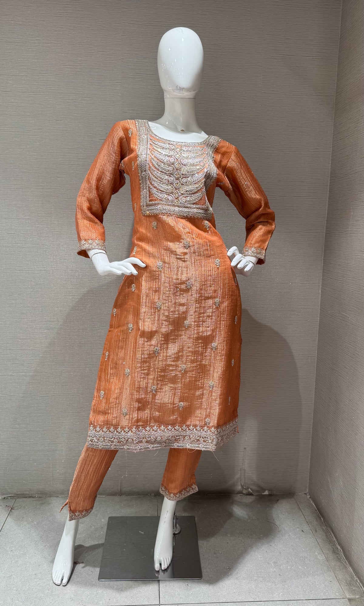 Peach Shimmer Embroidered Kurta Set with Sheer Dupatta