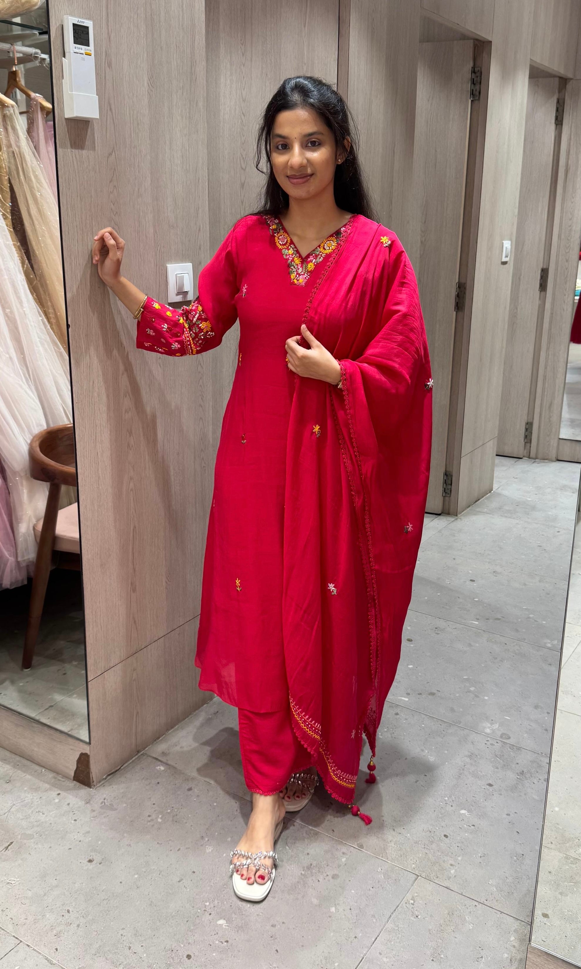 Pink Floral Neckline Kurta Set