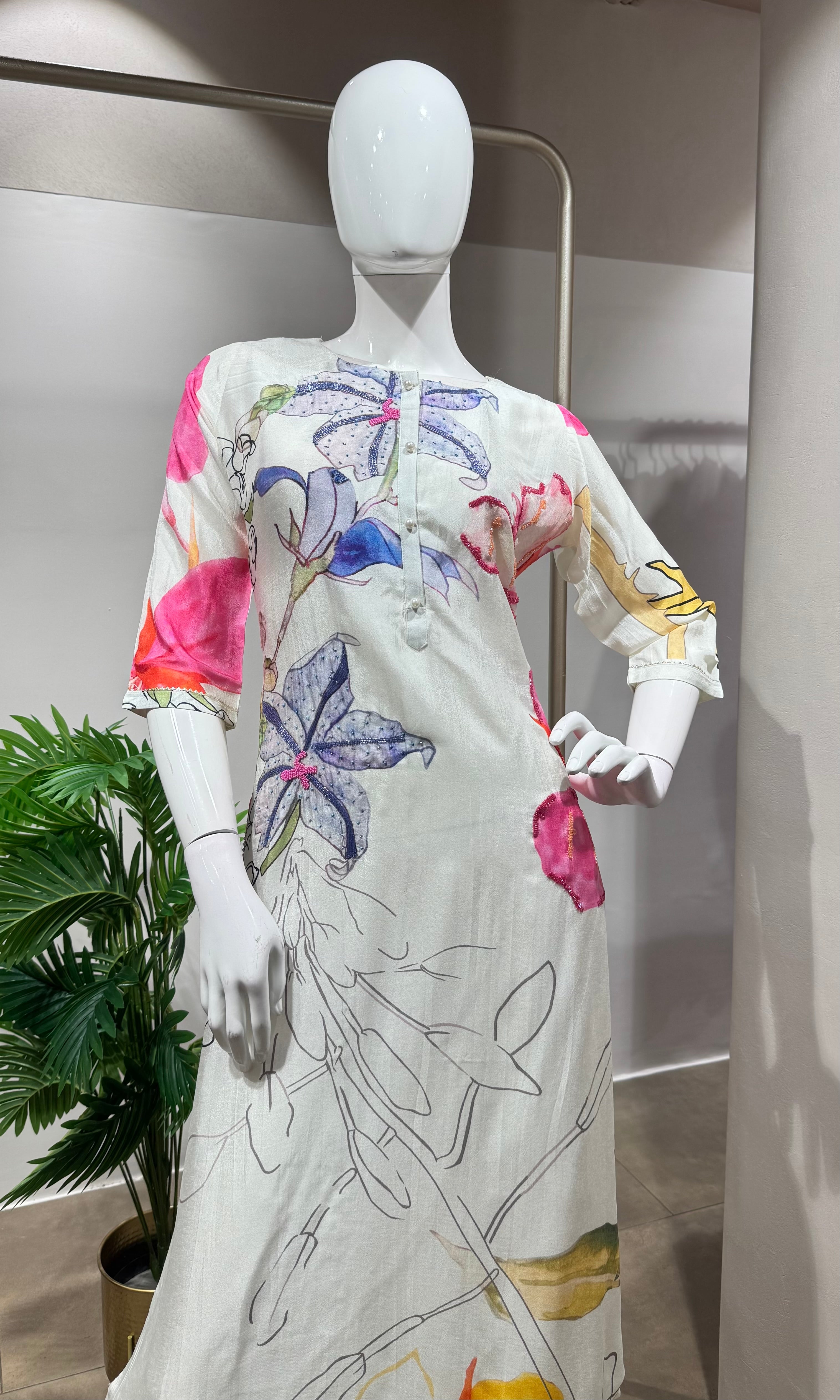 White Floral Printed Cotton Suit Elegant Everyday Wear