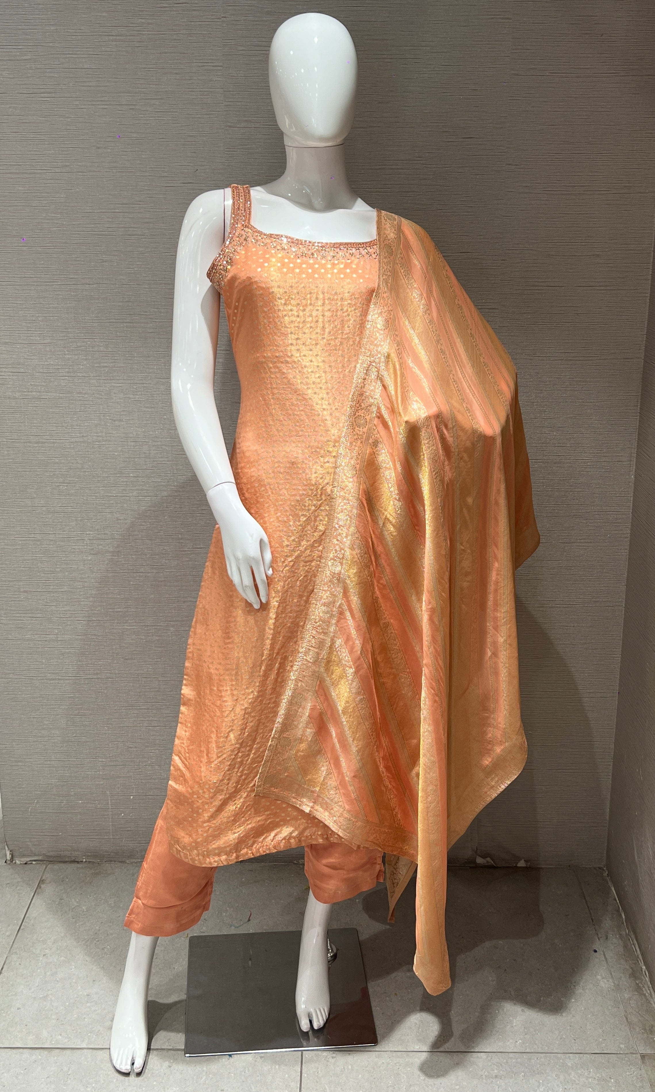peach and gold Banarasi kurta set