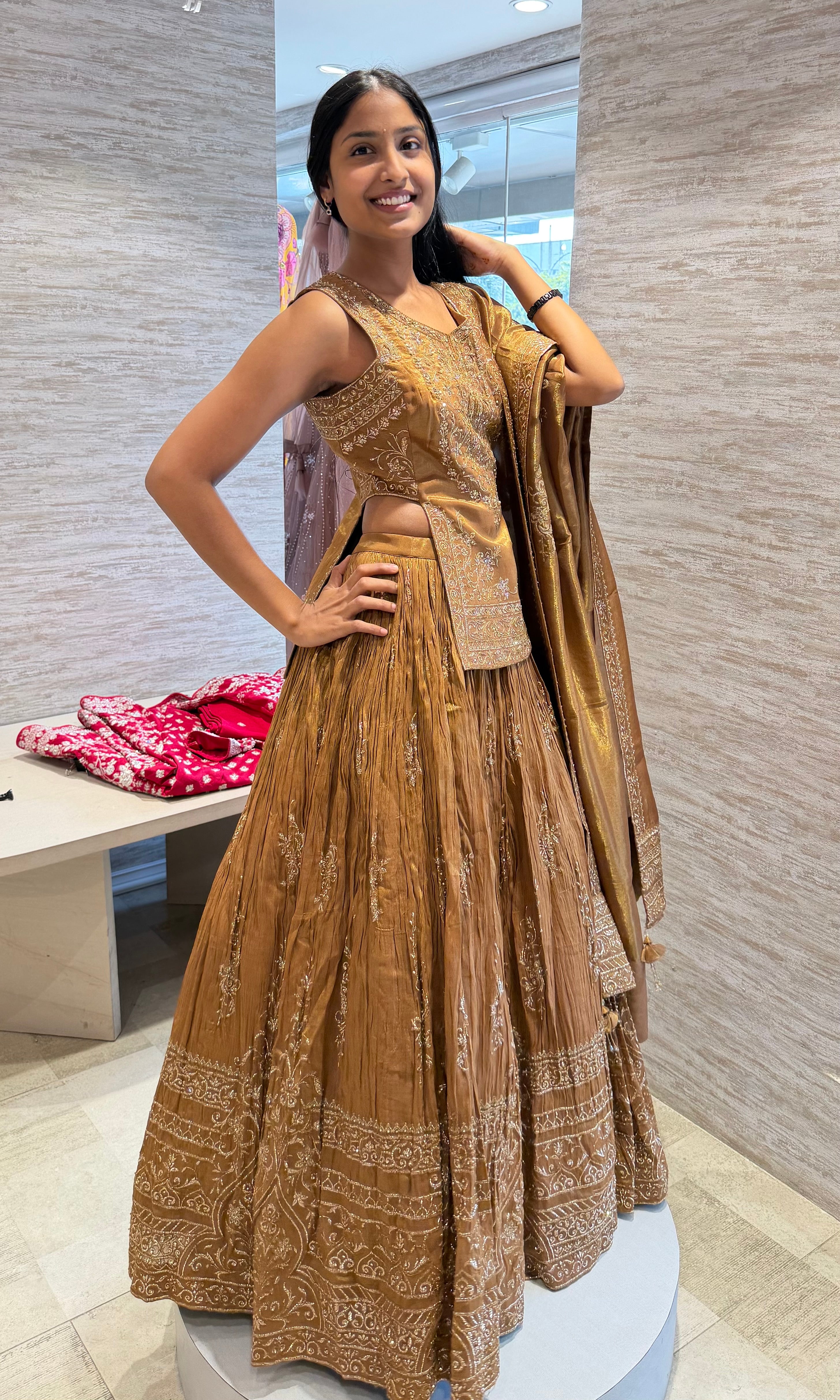 Brown Gold Heavy Embroidered Lehenga Set