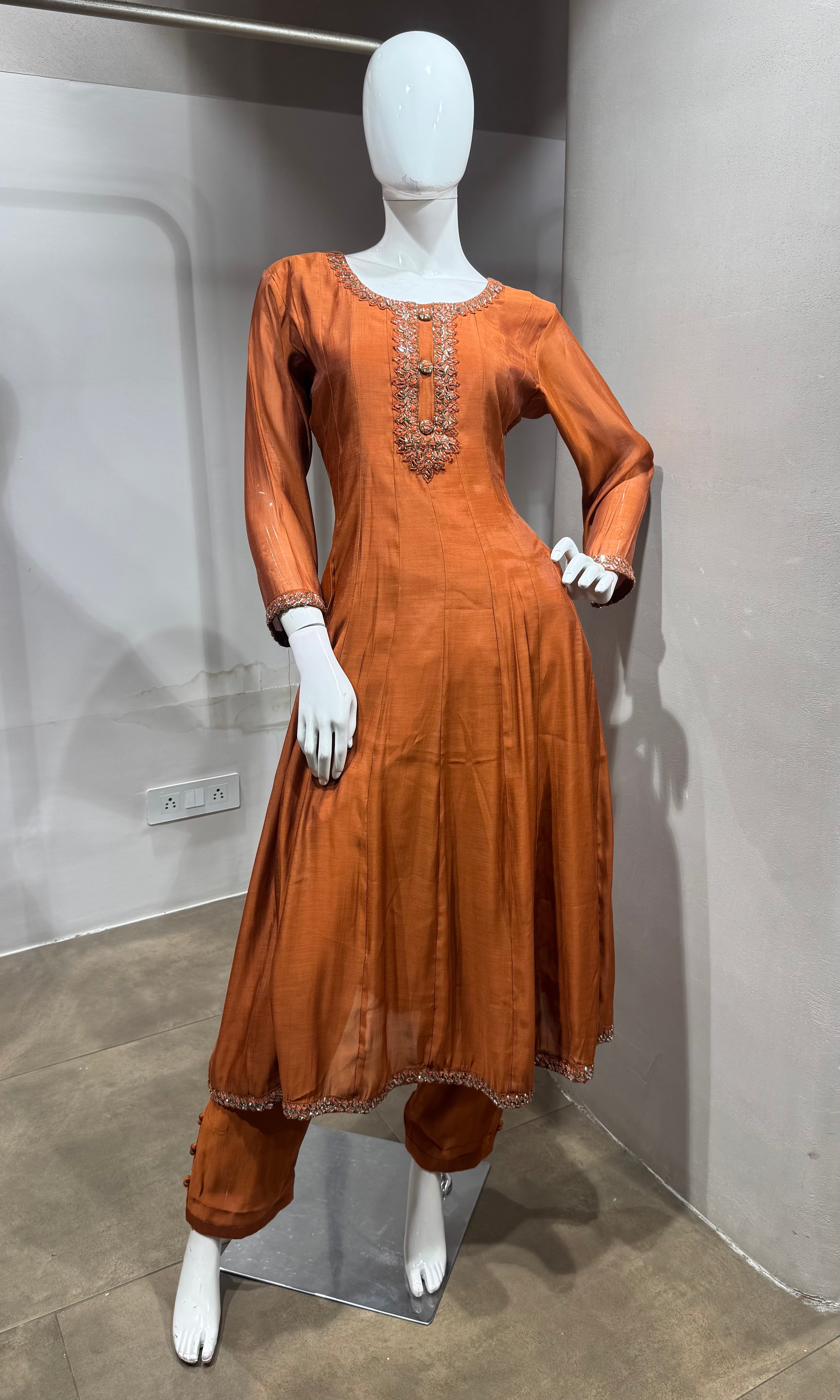 Brown Silk Embroidered Anarkali Set with Dupatta