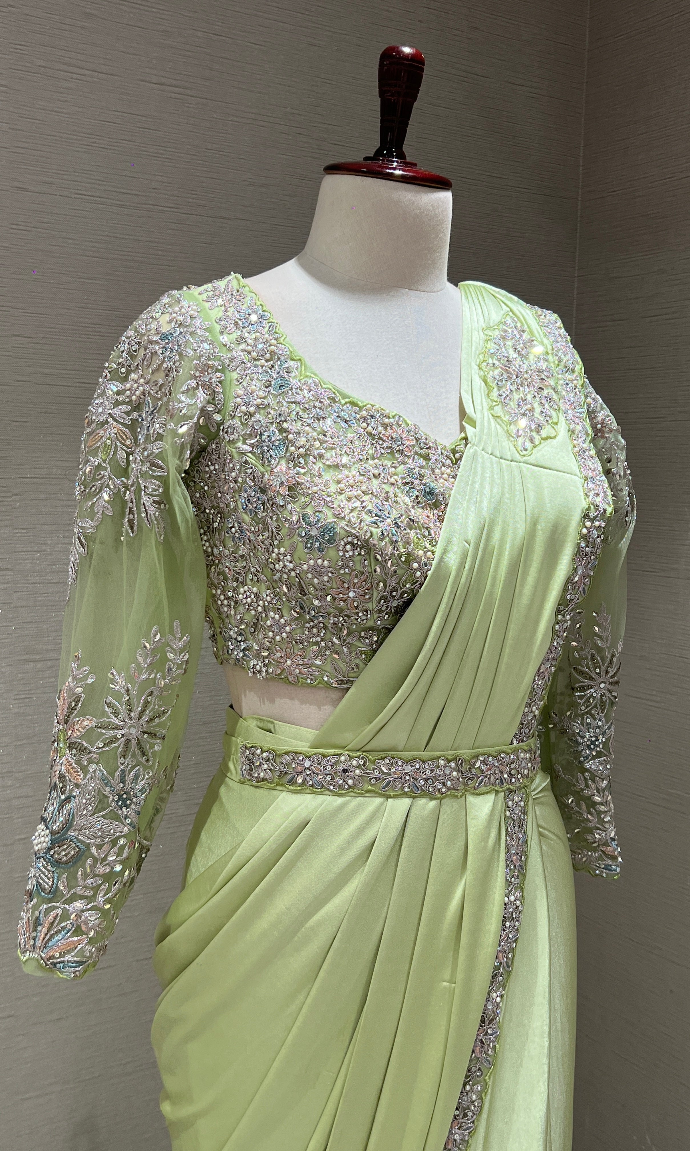 GREEN DRAPE SAREE WITH FLORAL BLOUSE & BELT