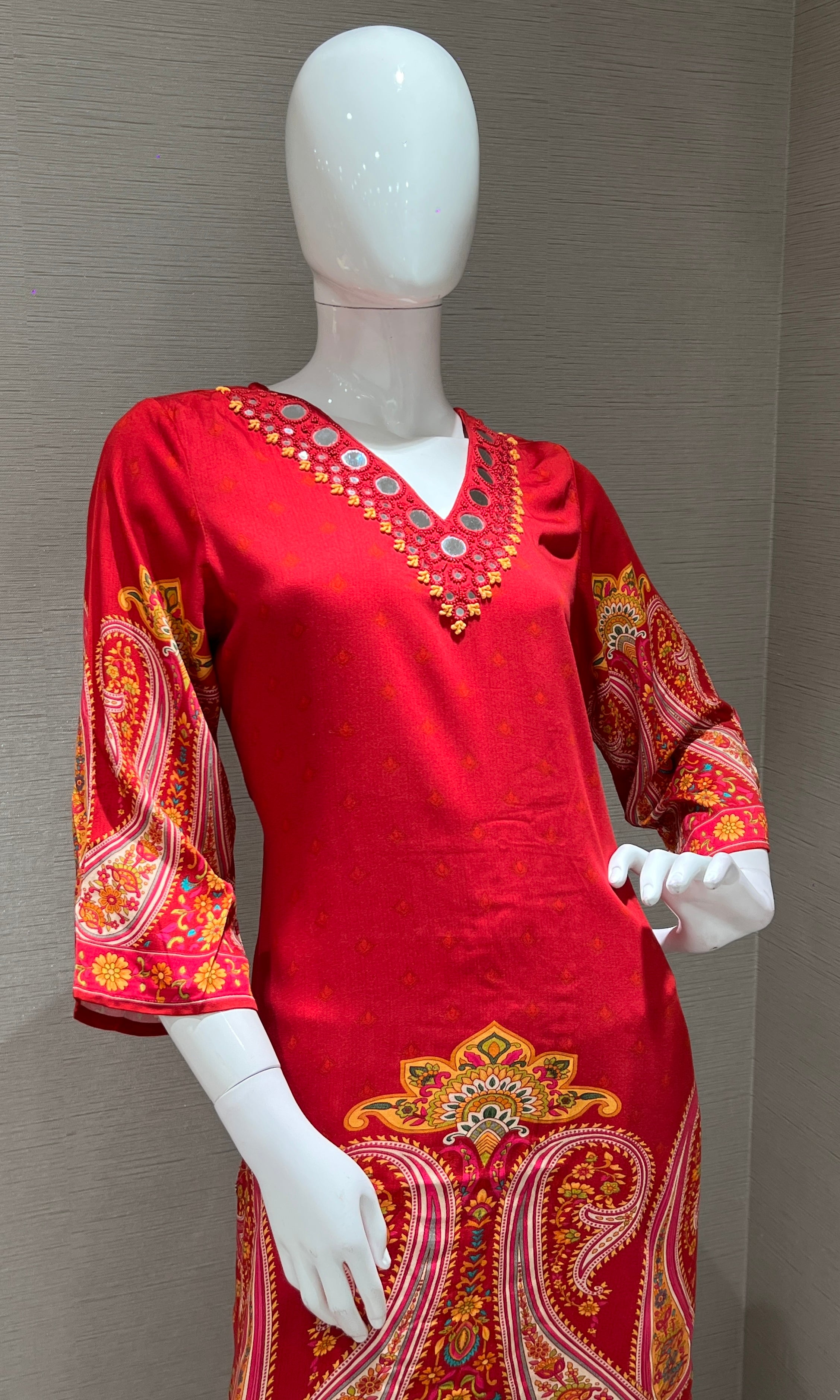 Red Ethnic Print Kurta Pant Cord Set